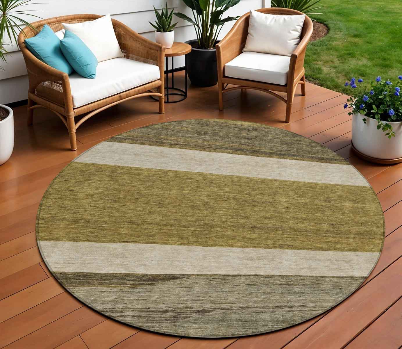 8' Coffee Ivory And Gray Round Abstract Washable Indoor Outdoor Area Rug