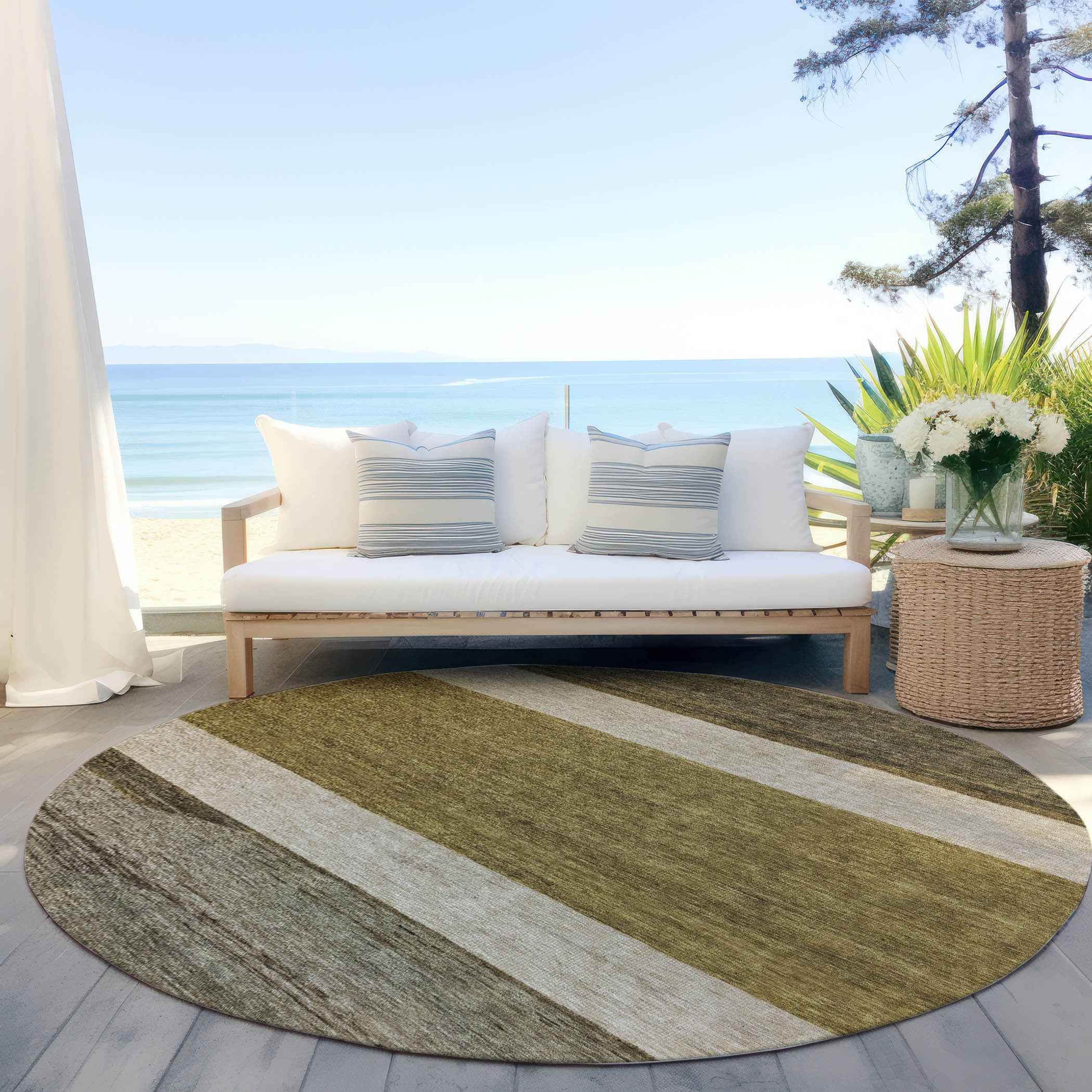 8' Coffee Ivory And Gray Round Abstract Washable Indoor Outdoor Area Rug