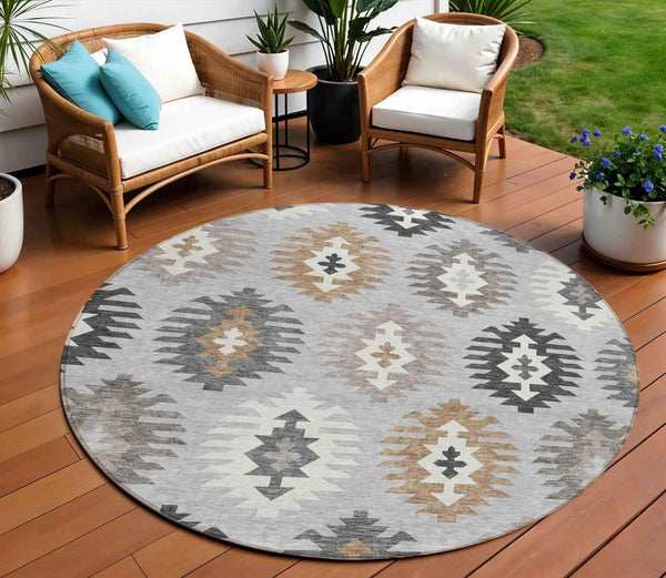 8' Silver Beige And Charcoal Round Southwestern Washable Indoor Outdoor Area Rug