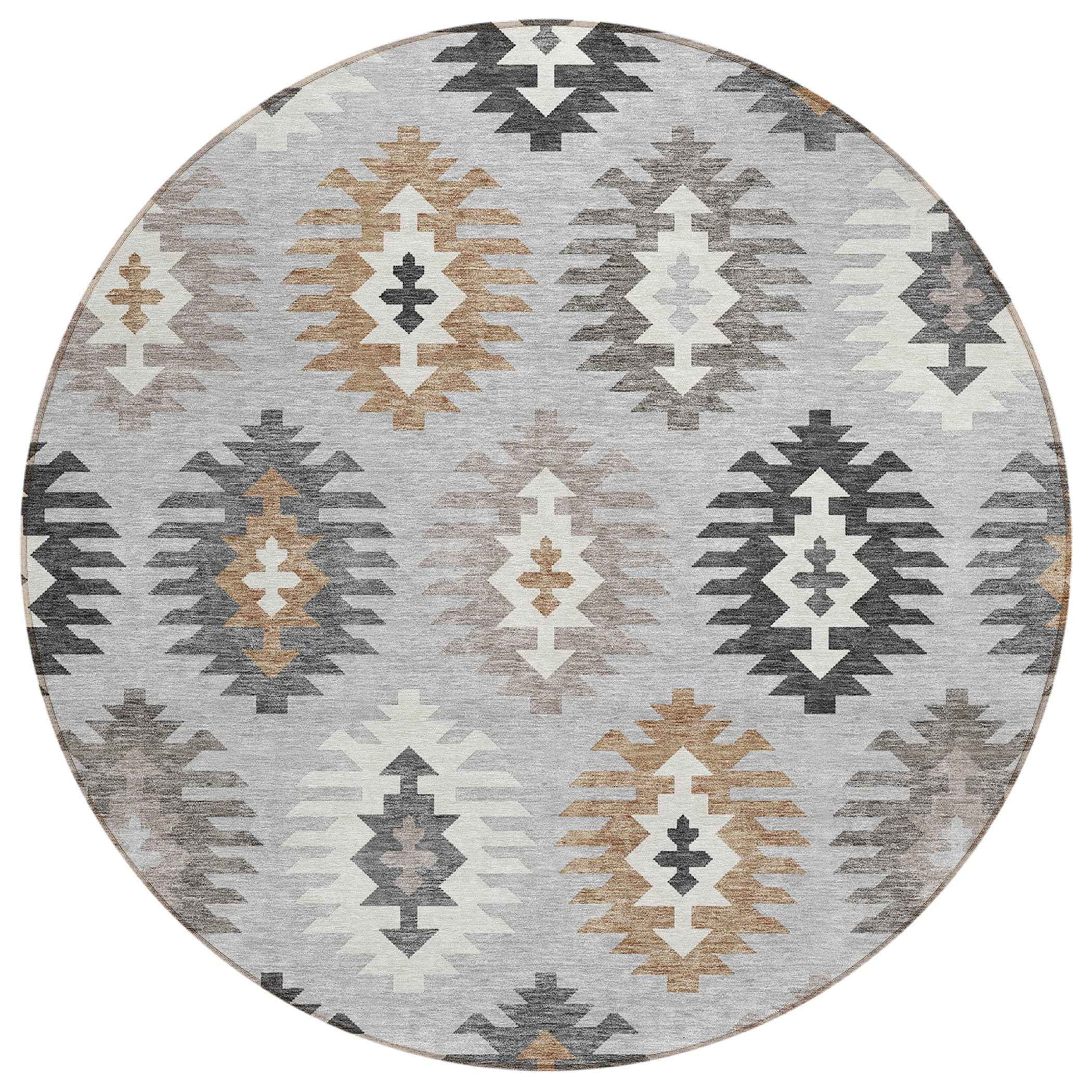 8' Silver Beige And Charcoal Round Southwestern Washable Indoor Outdoor Area Rug