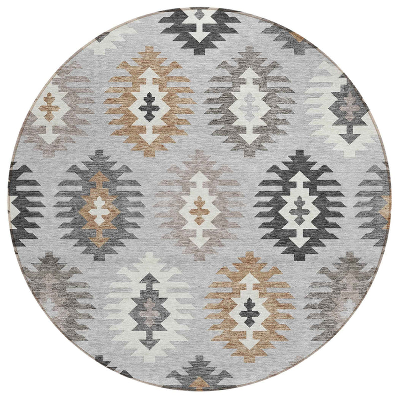 8' Silver Beige And Charcoal Round Southwestern Washable Indoor Outdoor Area Rug