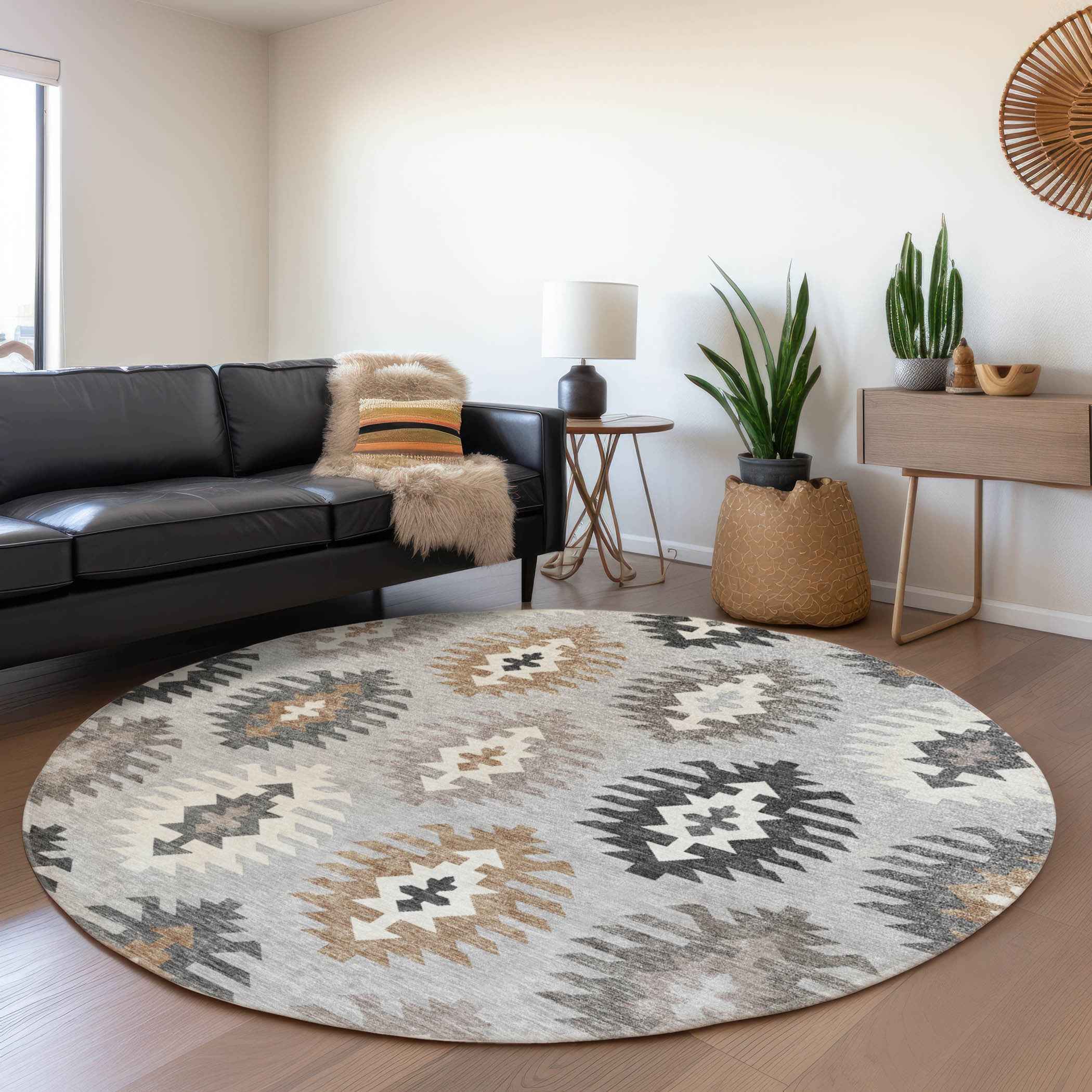 8' Silver Beige And Charcoal Round Southwestern Washable Indoor Outdoor Area Rug