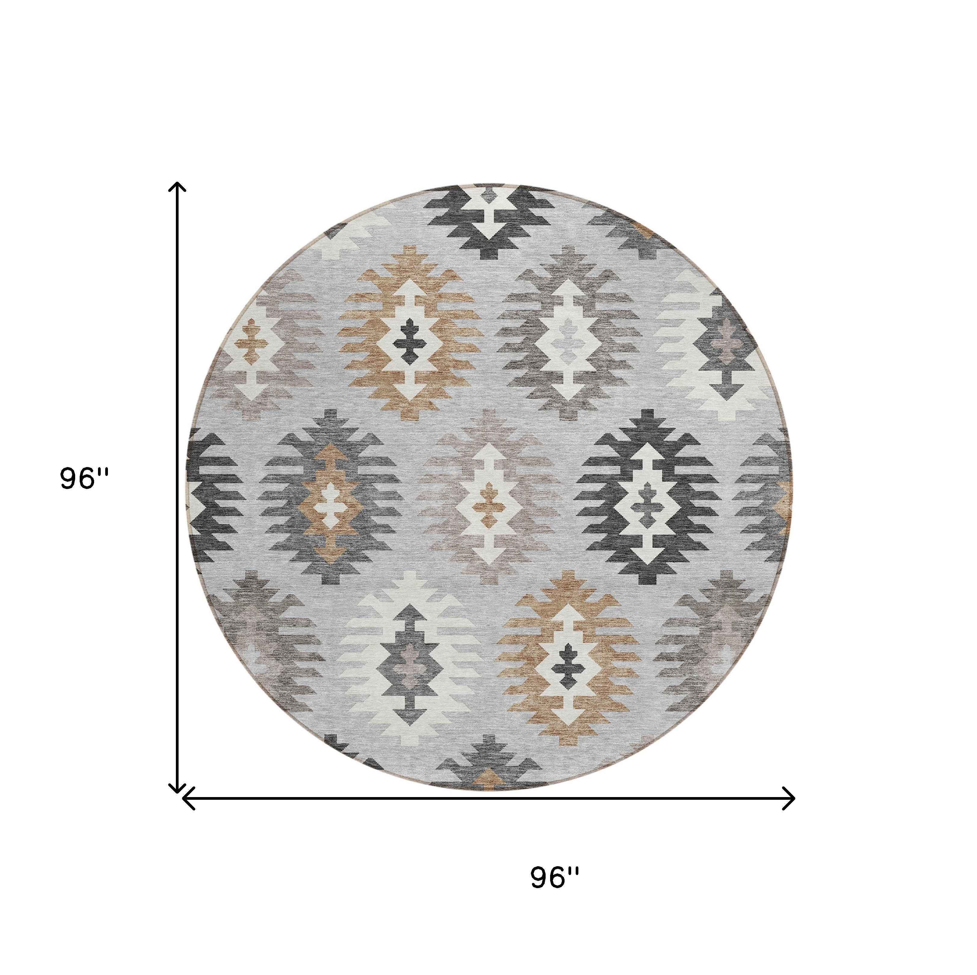 8' Silver Beige And Charcoal Round Southwestern Washable Indoor Outdoor Area Rug