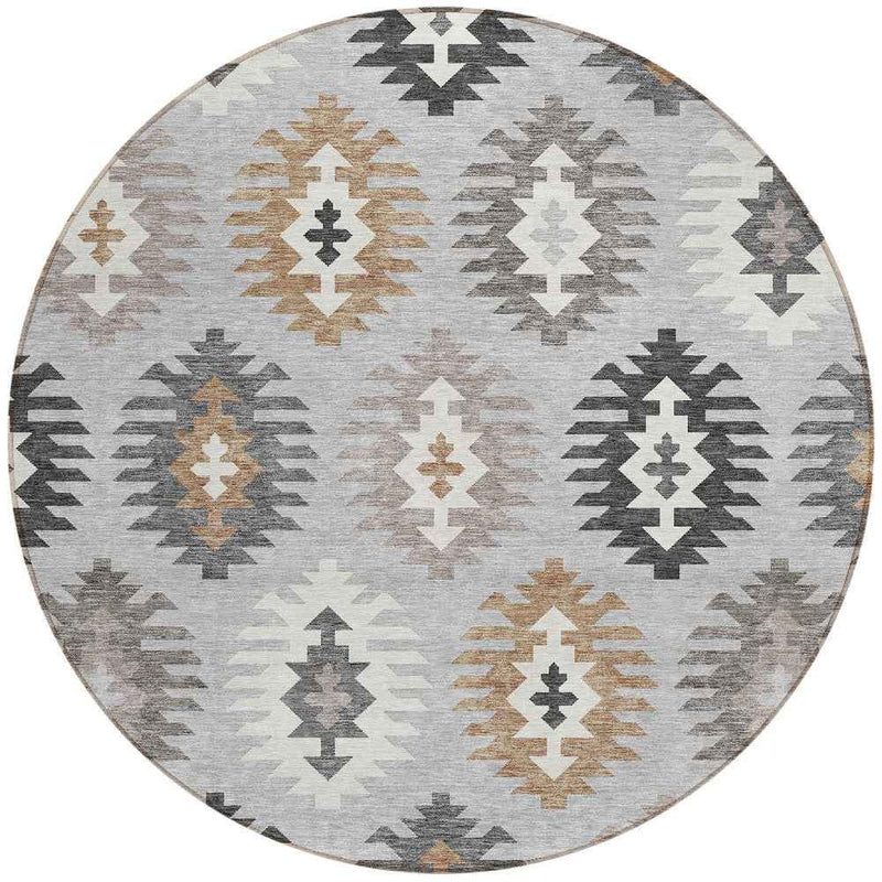 8' Silver Beige And Charcoal Round Southwestern Washable Indoor Outdoor Area Rug