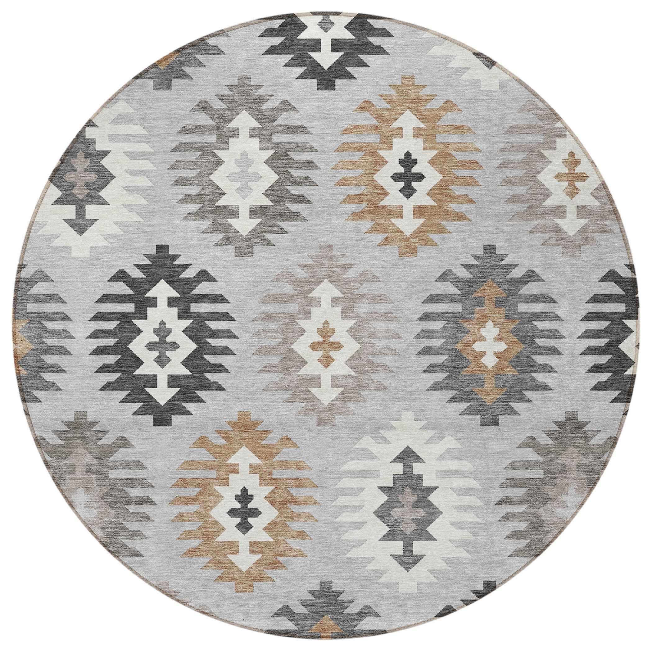 8' Silver Beige And Charcoal Round Southwestern Washable Indoor Outdoor Area Rug