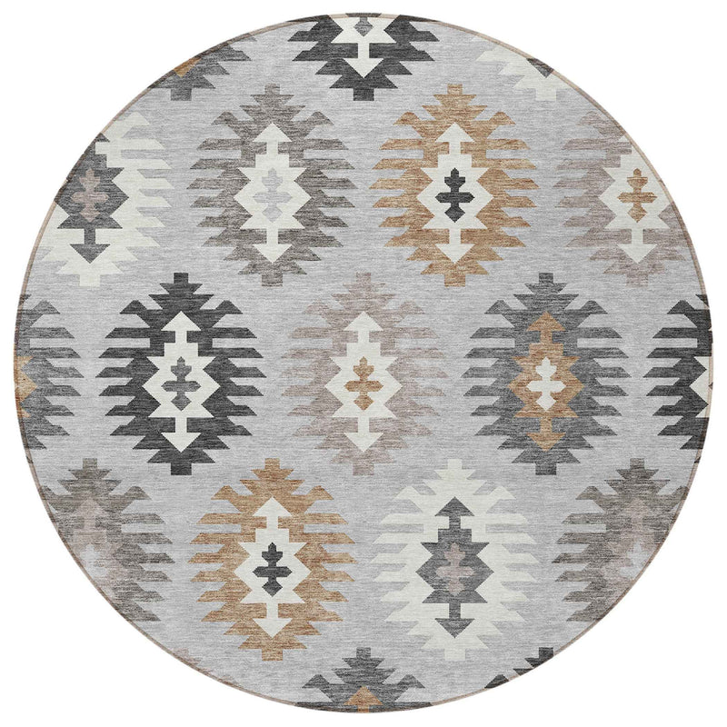 8' Silver Beige And Charcoal Round Southwestern Washable Indoor Outdoor Area Rug