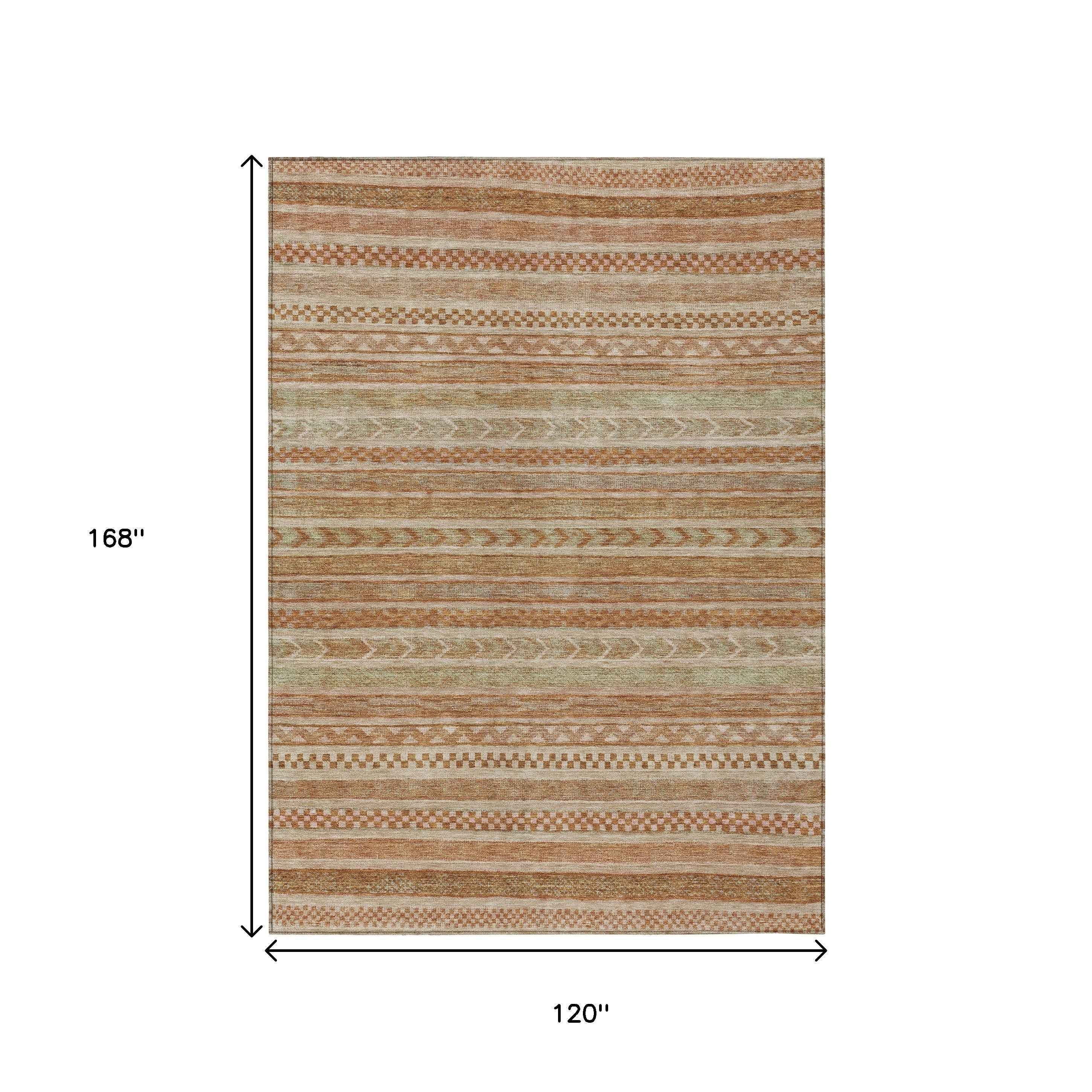 10' X 14' Terra Cotta And Rust Striped Washable Indoor Outdoor Area Rug
