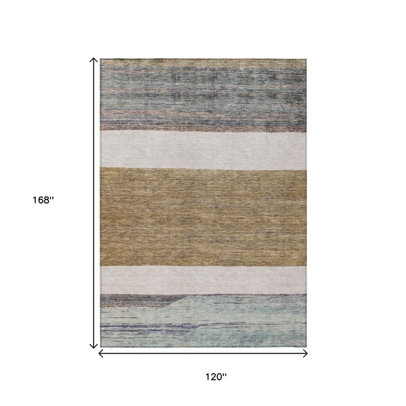 10' X 14' Brown Ivory And Blue Abstract Washable Indoor Outdoor Area Rug