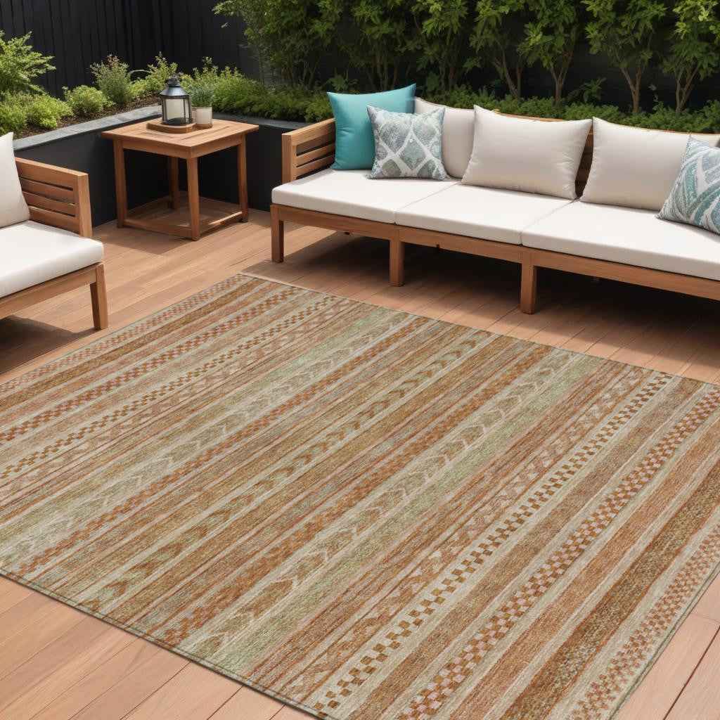 10' X 14' Terra Cotta And Rust Striped Washable Indoor Outdoor Area Rug