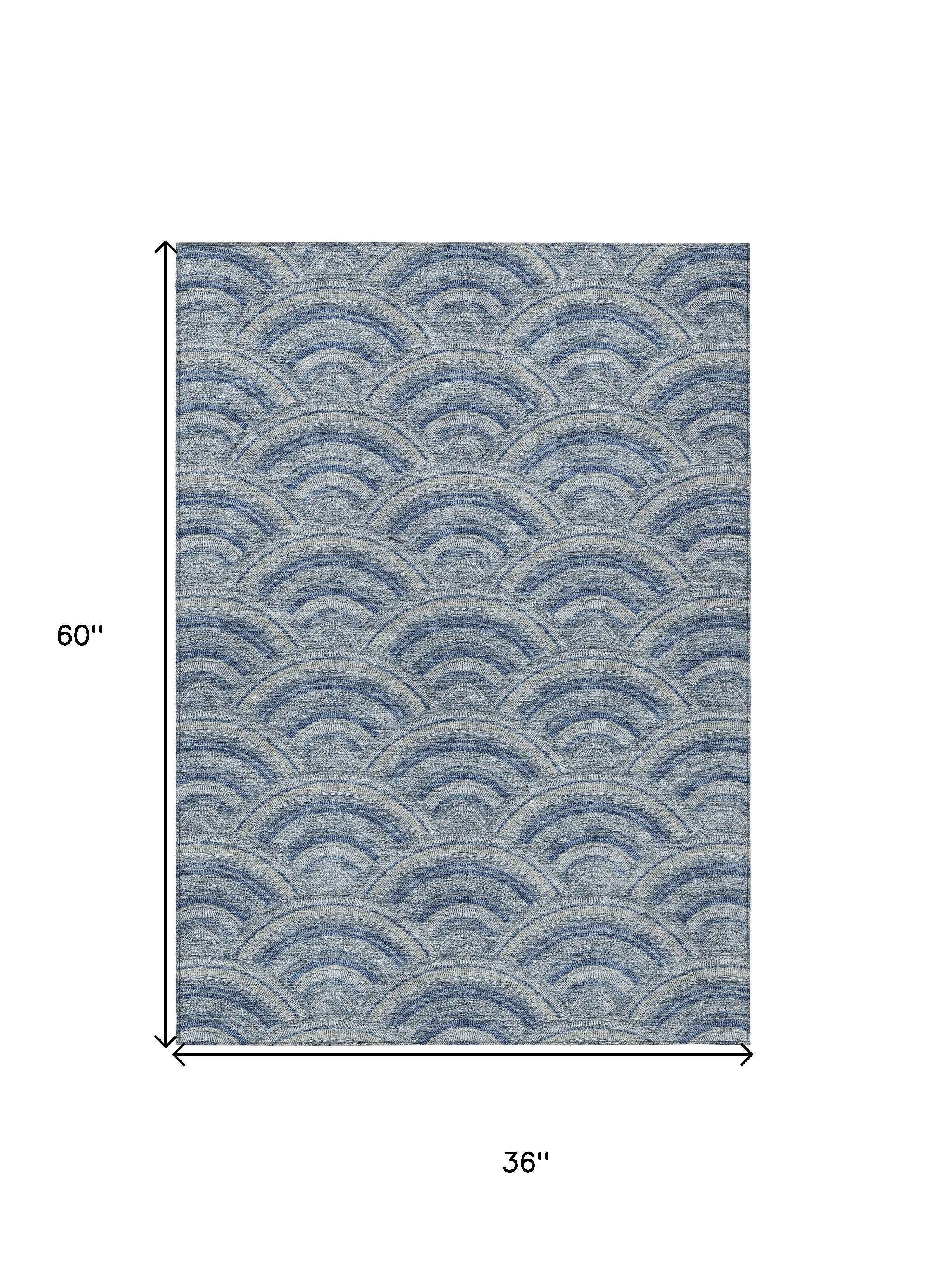 3' X 5' Denim Blue Navy Blue And Ivory Geometric Washable Indoor Outdoor Area Rug