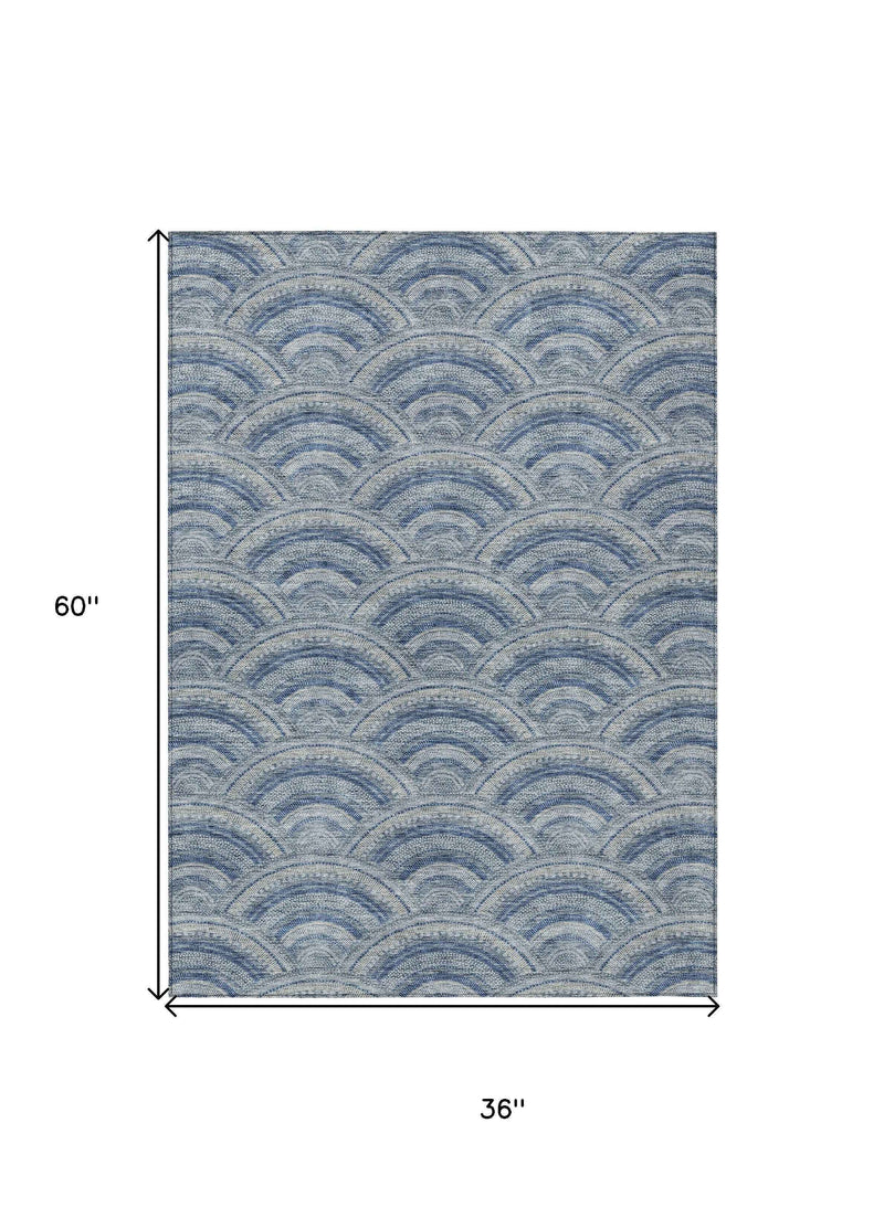 3' X 5' Denim Blue Navy Blue And Ivory Geometric Washable Indoor Outdoor Area Rug