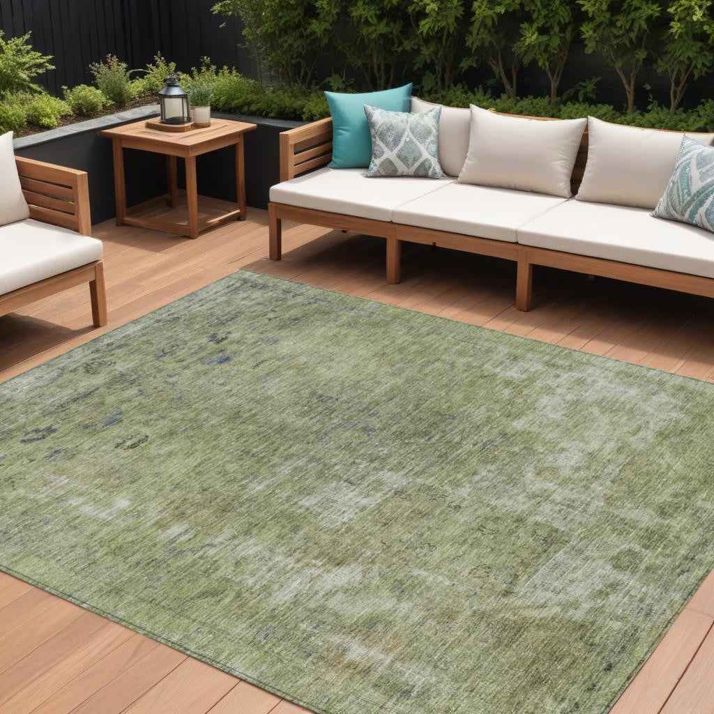 10' X 14' Artichoke Green And Beige Abstract Washable Indoor Outdoor Area Rug