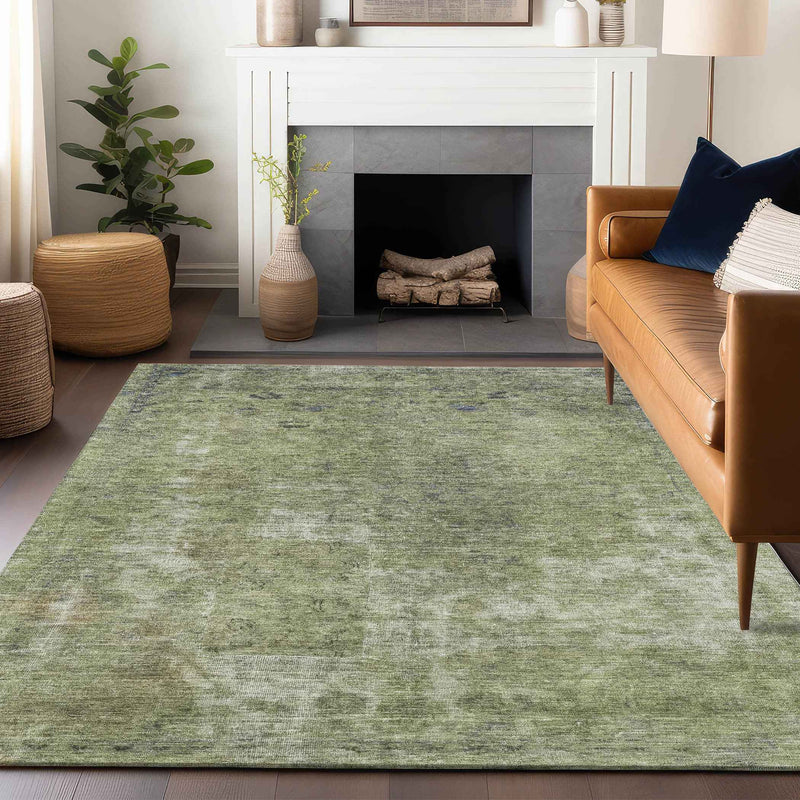 10' X 14' Artichoke Green And Beige Abstract Washable Indoor Outdoor Area Rug