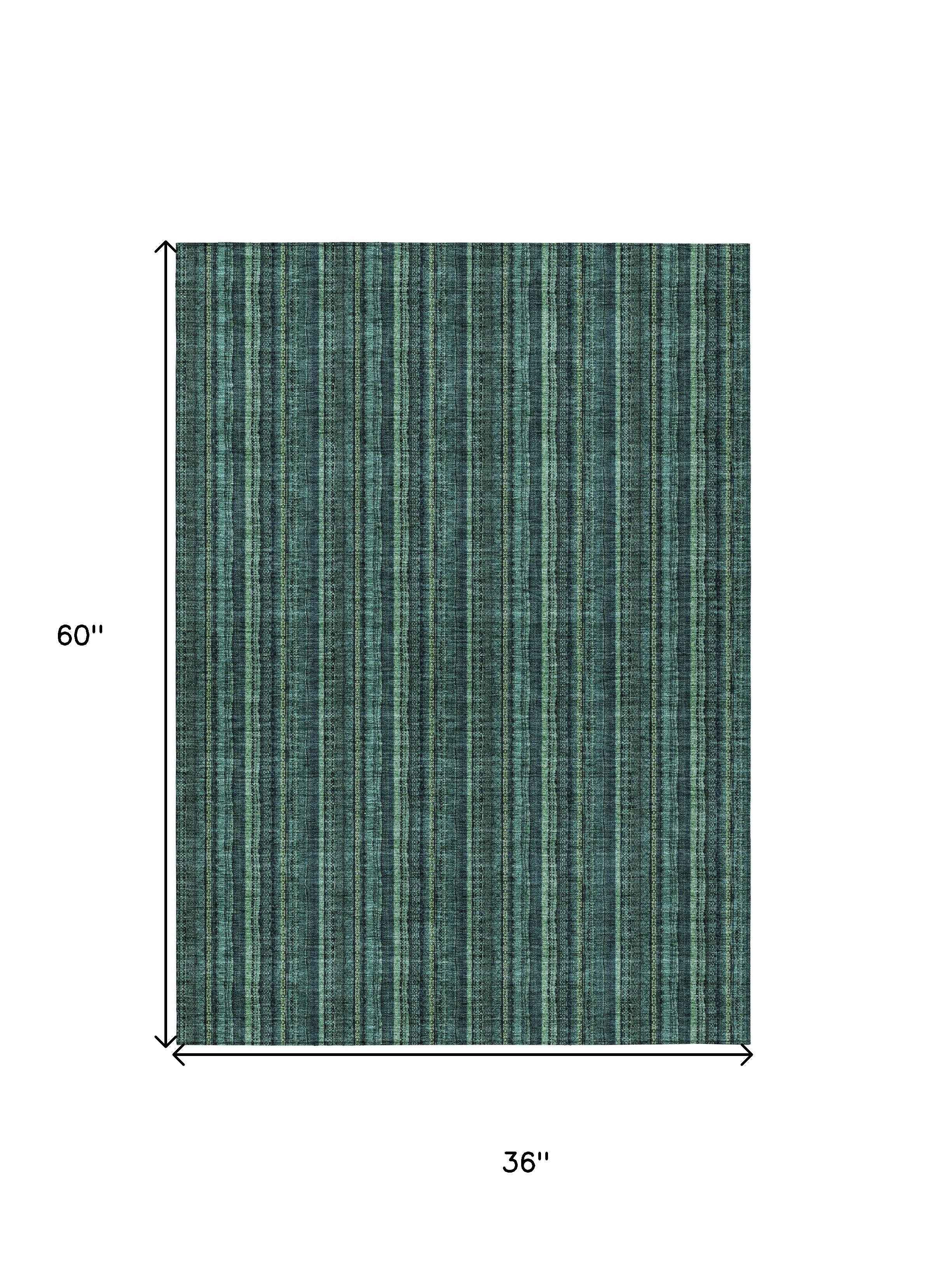 3' X 5' Teal Blue Aqua And Mint Green Striped Washable Indoor Outdoor Area Rug