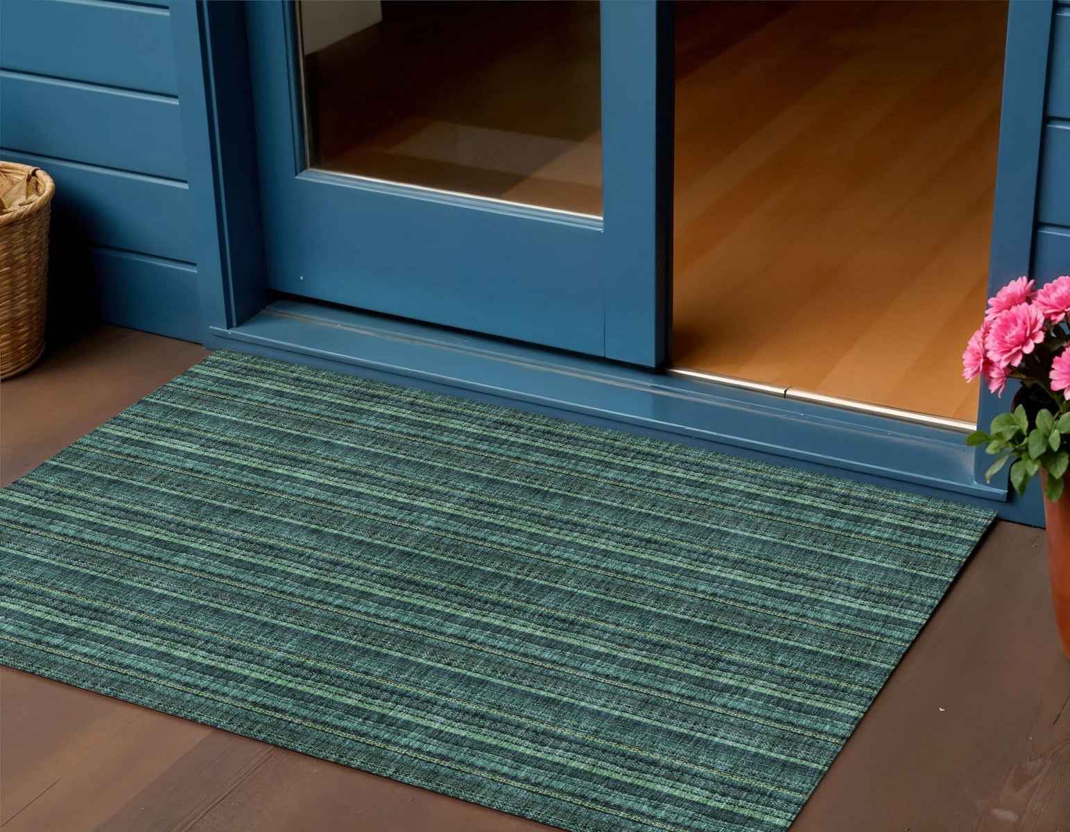 3' X 5' Teal Blue Aqua And Mint Green Striped Washable Indoor Outdoor Area Rug
