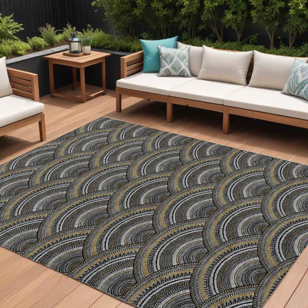 8' X 10' Black Ivory And Gold Geometric Washable Indoor Outdoor Area Rug