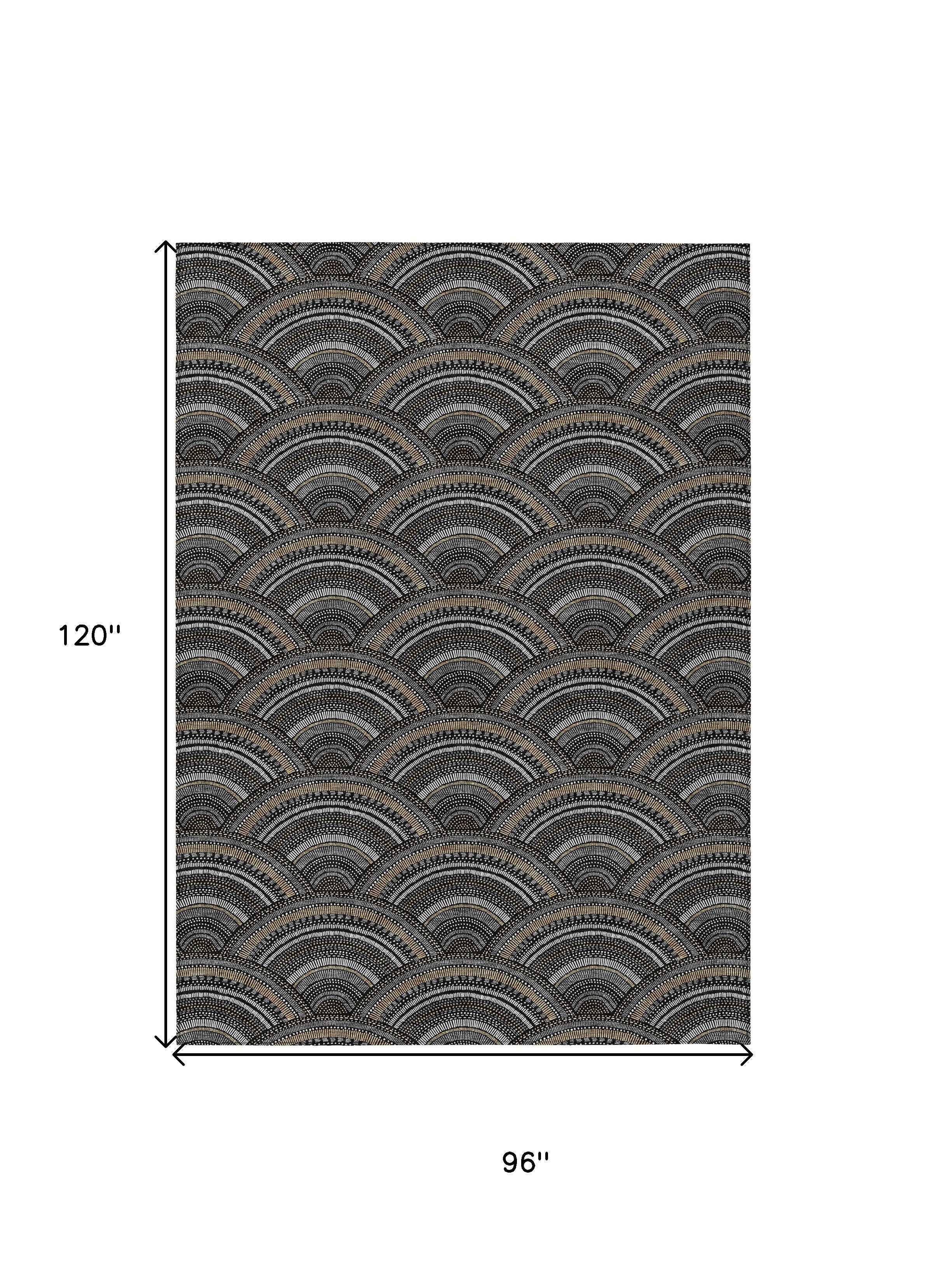 8' X 10' Black Ivory And Gold Geometric Washable Indoor Outdoor Area Rug