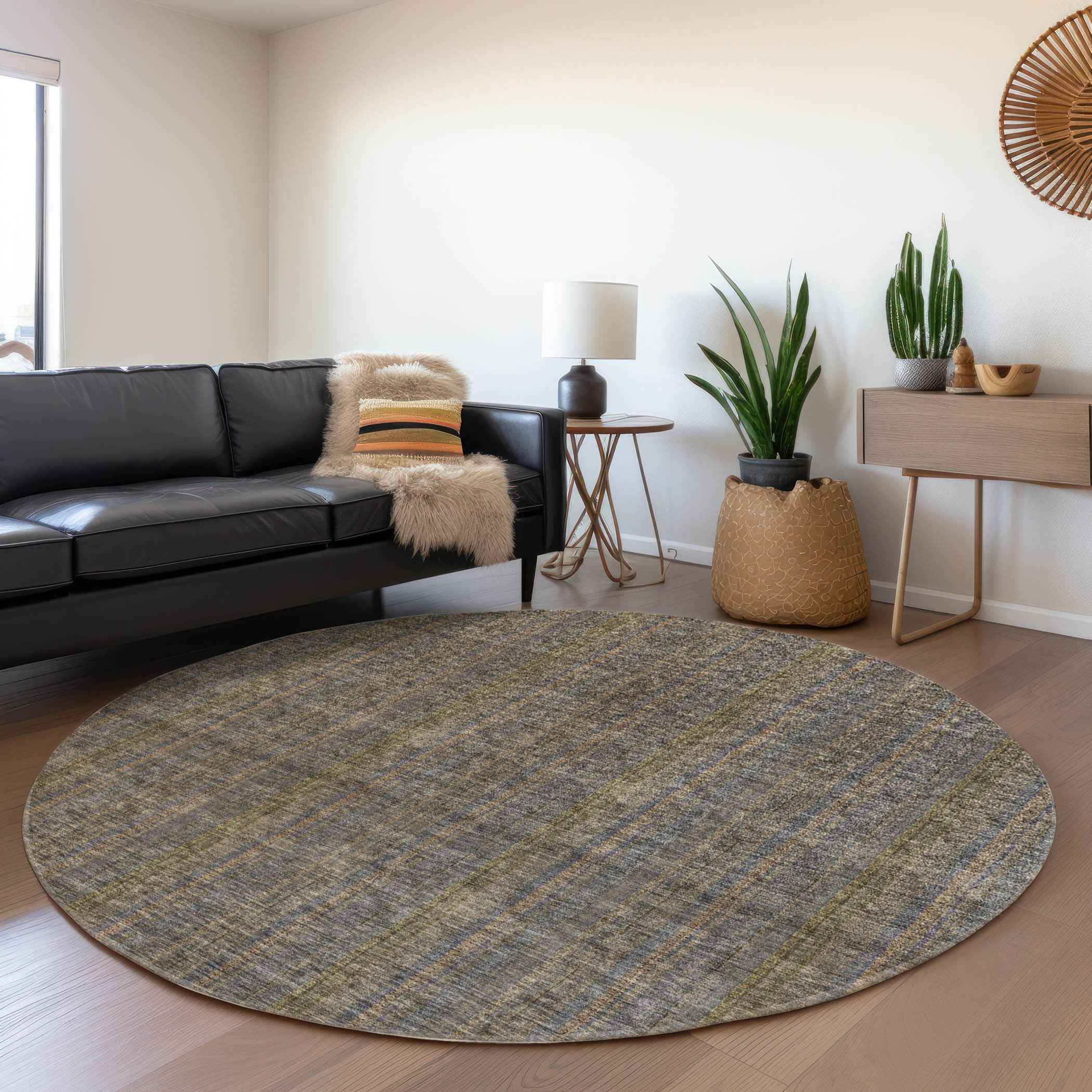 8' Taupe Denim Blue And Olive Green Round Striped Washable Indoor Outdoor Area Rug