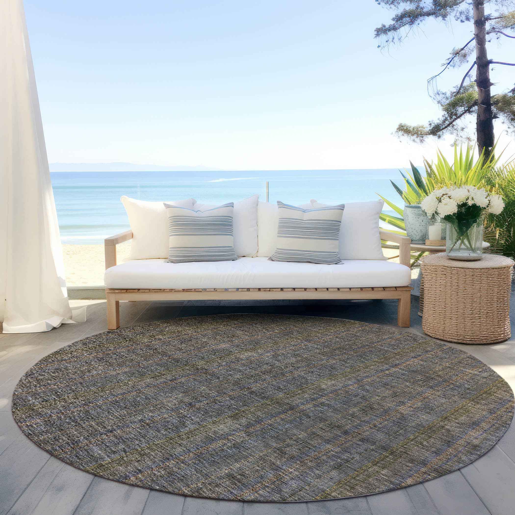 8' Taupe Denim Blue And Olive Green Round Striped Washable Indoor Outdoor Area Rug