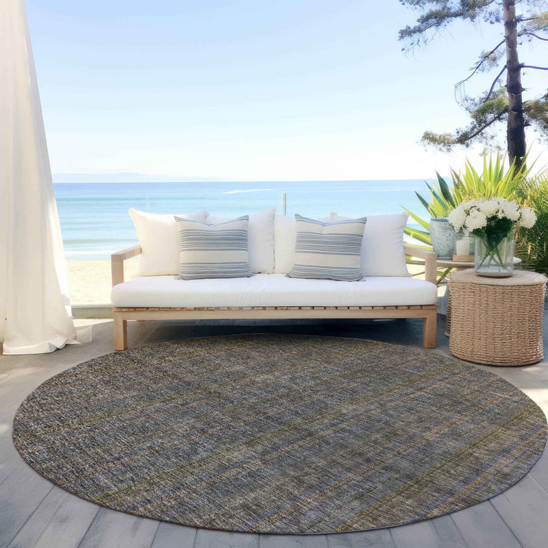 8' Taupe Denim Blue And Olive Green Round Striped Washable Indoor Outdoor Area Rug