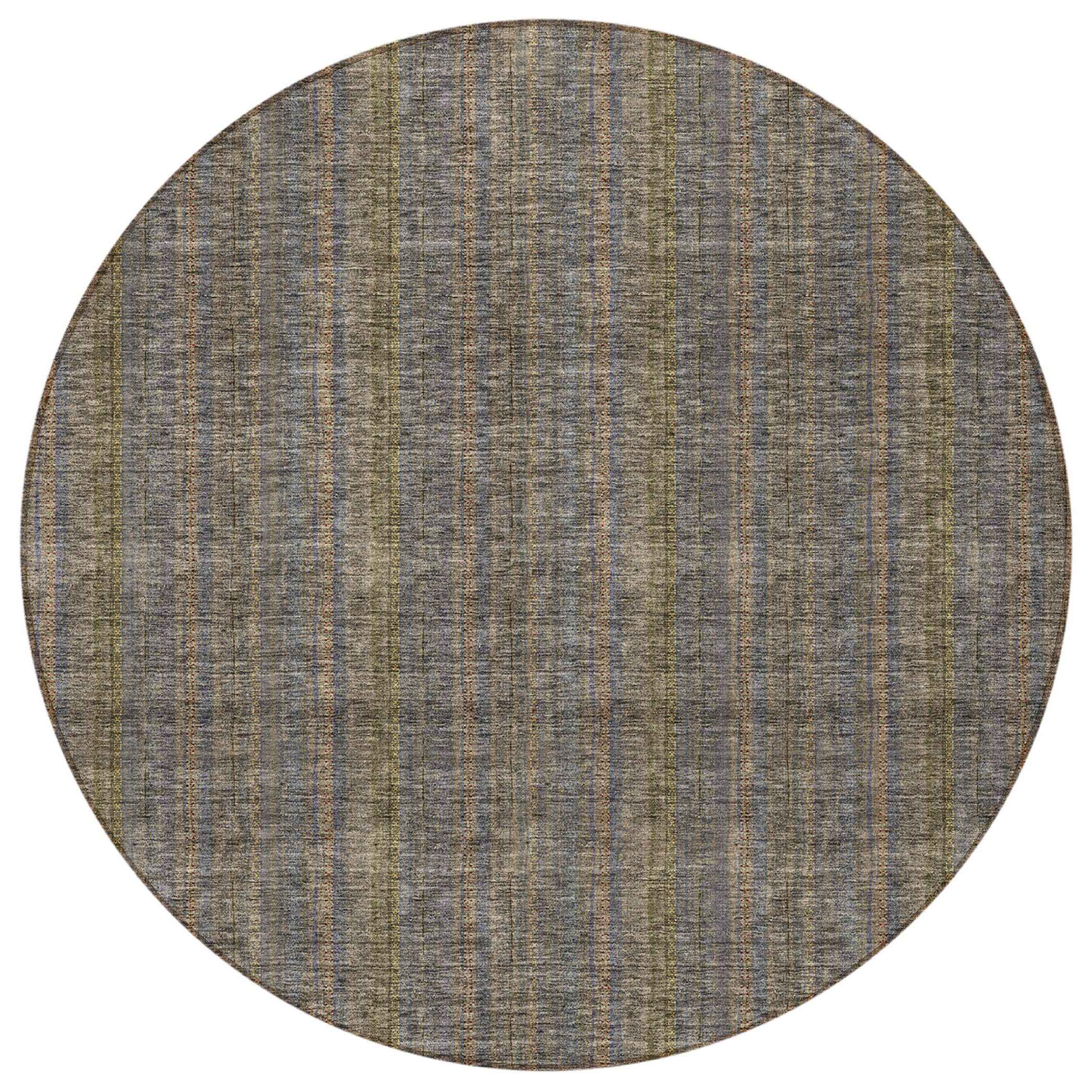 8' Taupe Denim Blue And Olive Green Round Striped Washable Indoor Outdoor Area Rug