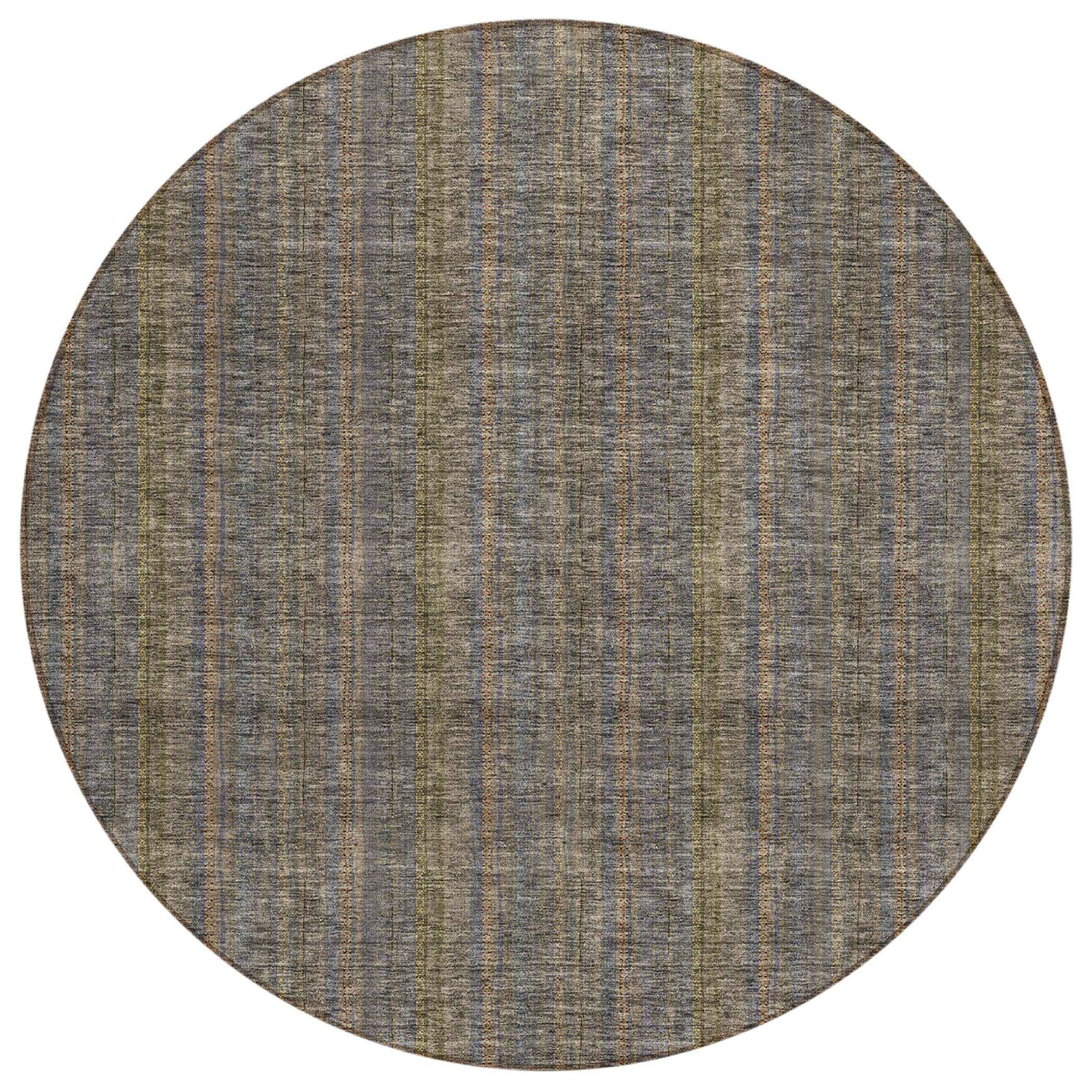 8' Taupe Denim Blue And Olive Green Round Striped Washable Indoor Outdoor Area Rug