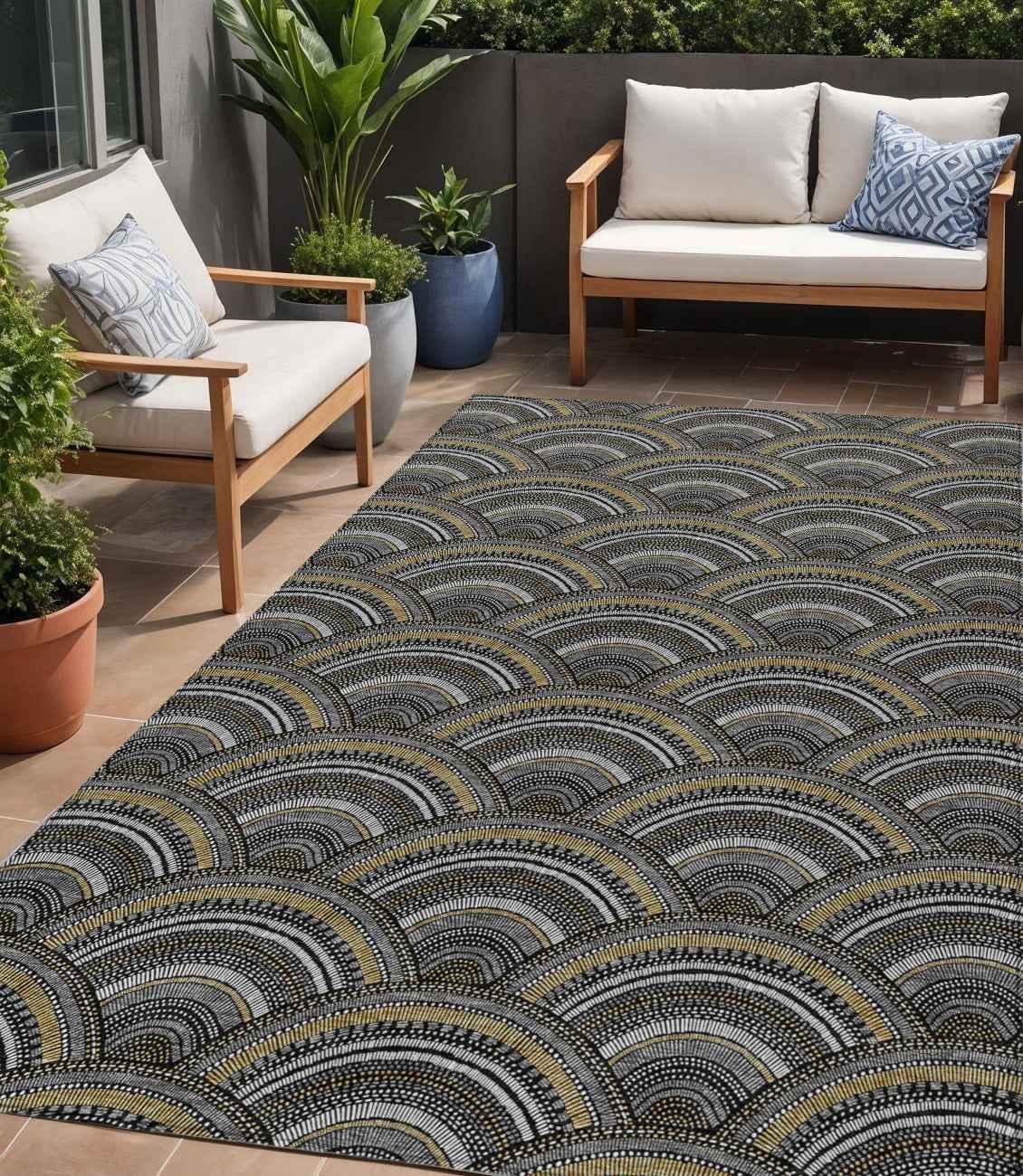 5' X 8' Black Ivory And Gold Geometric Washable Indoor Outdoor Area Rug