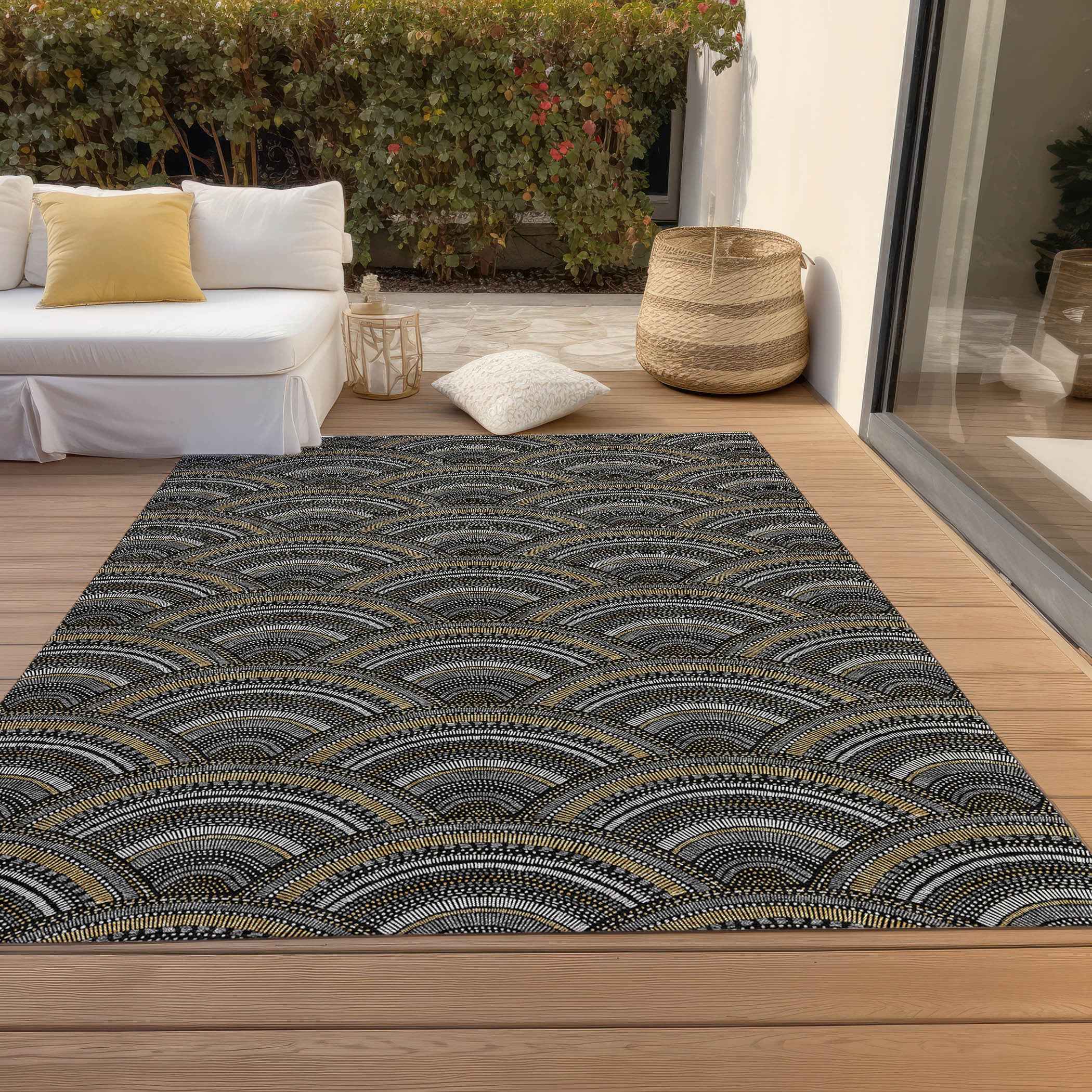 5' X 8' Black Ivory And Gold Geometric Washable Indoor Outdoor Area Rug
