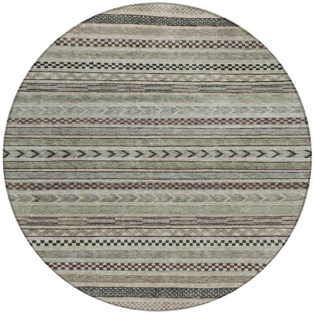 8' Taupe And Brown Round Striped Washable Indoor Outdoor Area Rug