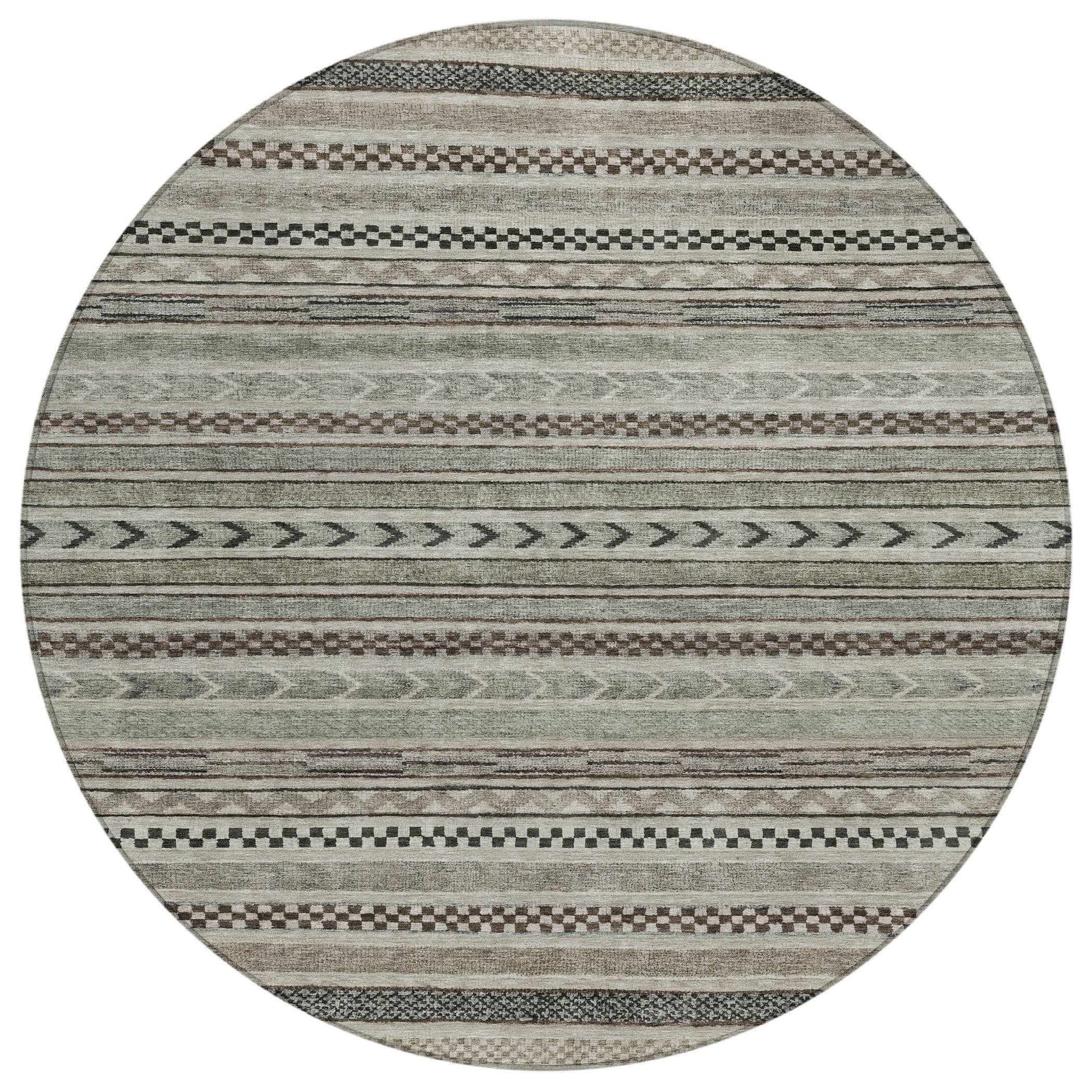 8' Taupe And Brown Round Striped Washable Indoor Outdoor Area Rug