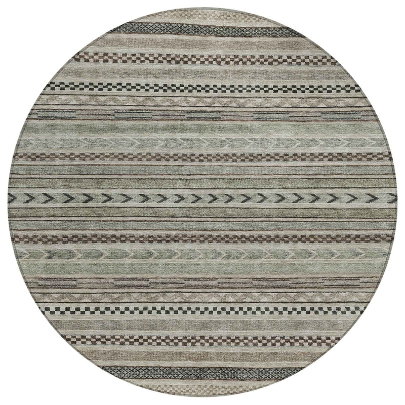 8' Taupe And Brown Round Striped Washable Indoor Outdoor Area Rug