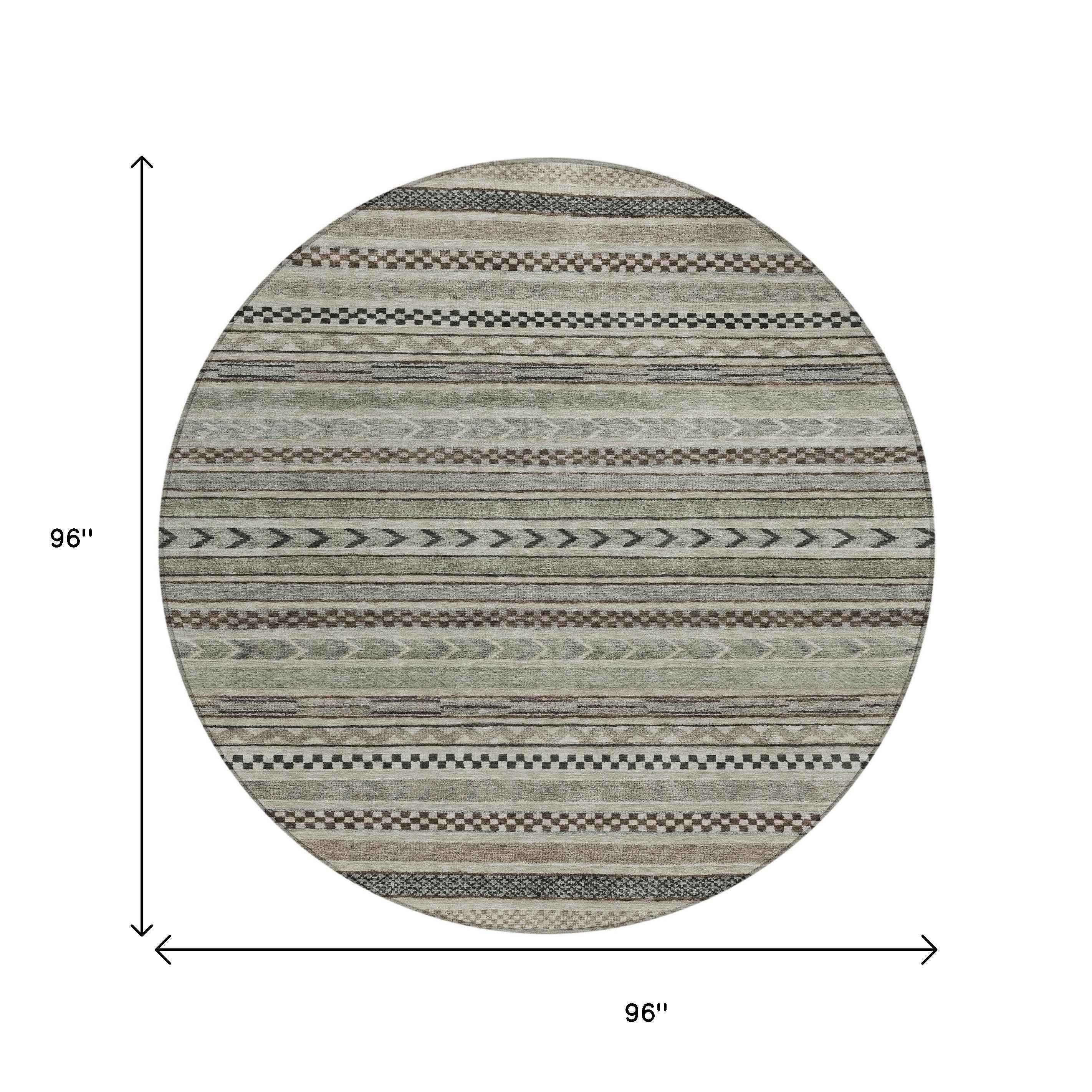8' Taupe And Brown Round Striped Washable Indoor Outdoor Area Rug