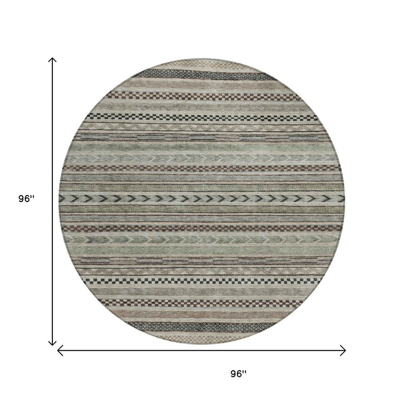 8' Taupe And Brown Round Striped Washable Indoor Outdoor Area Rug