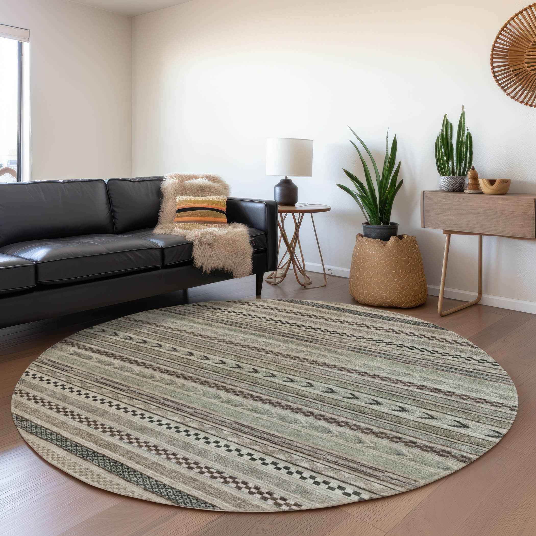8' Taupe And Brown Round Striped Washable Indoor Outdoor Area Rug