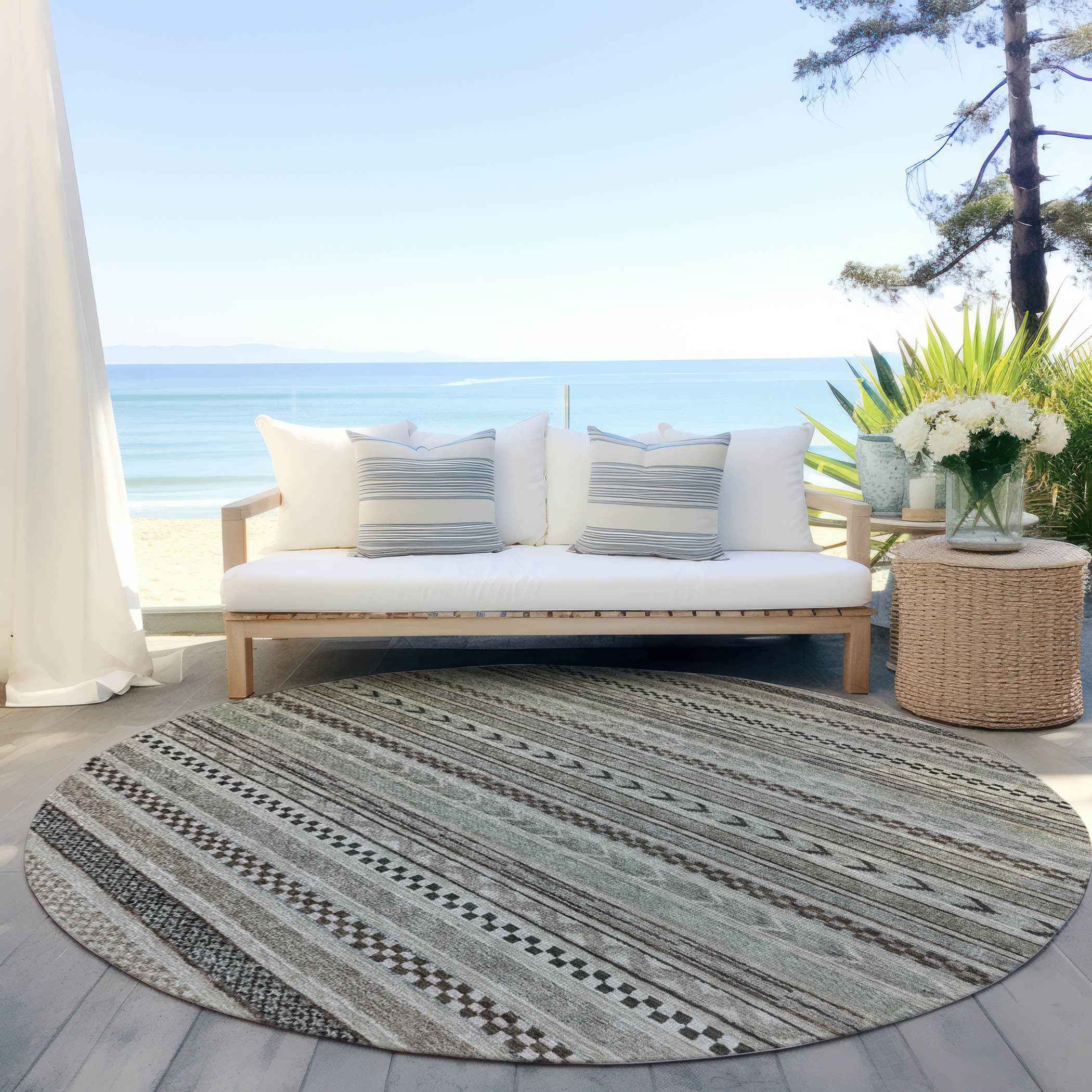 8' Taupe And Brown Round Striped Washable Indoor Outdoor Area Rug