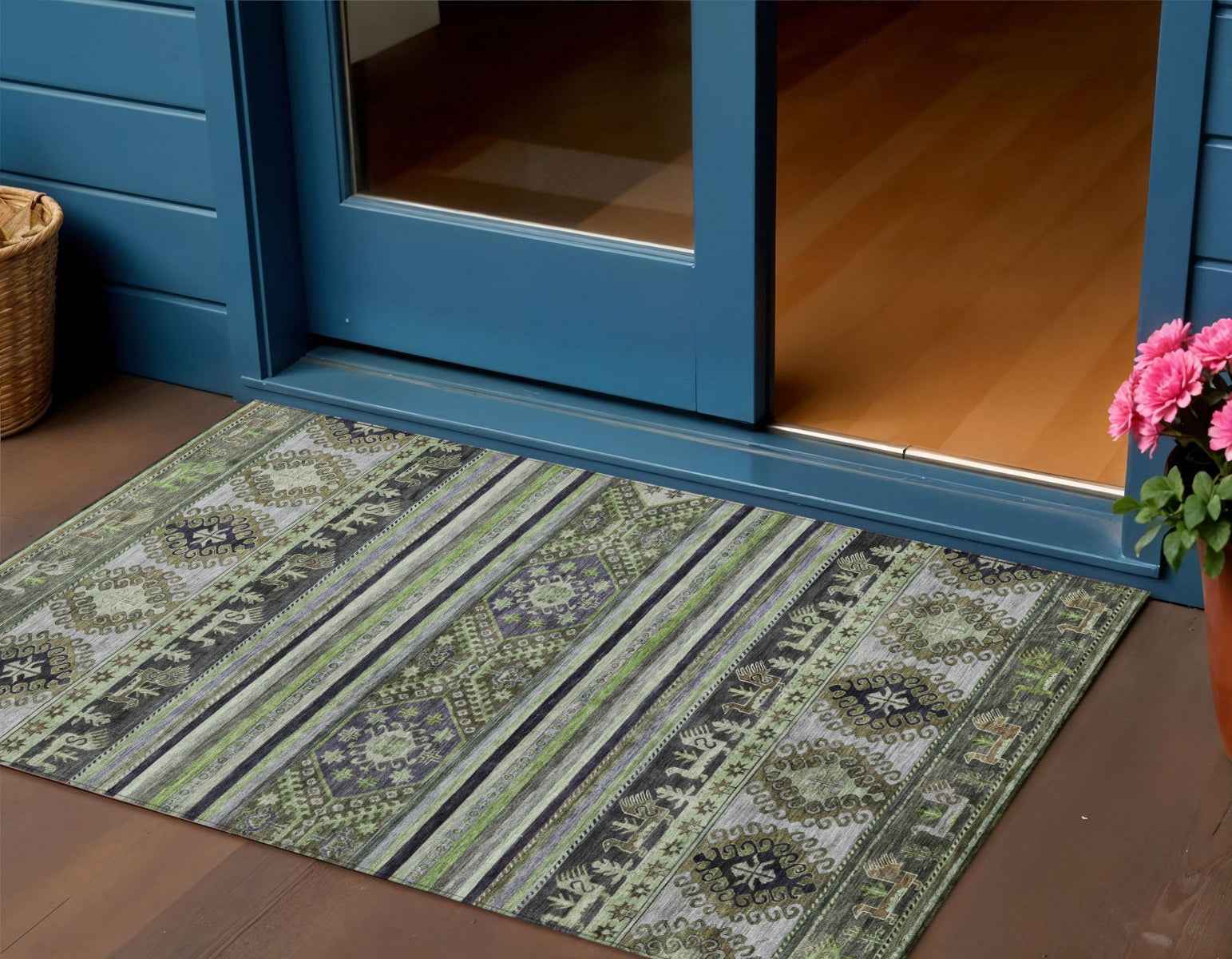 3' X 5' Fern Green Taupe And Ivory Tribal Washable Indoor Outdoor Area Rug