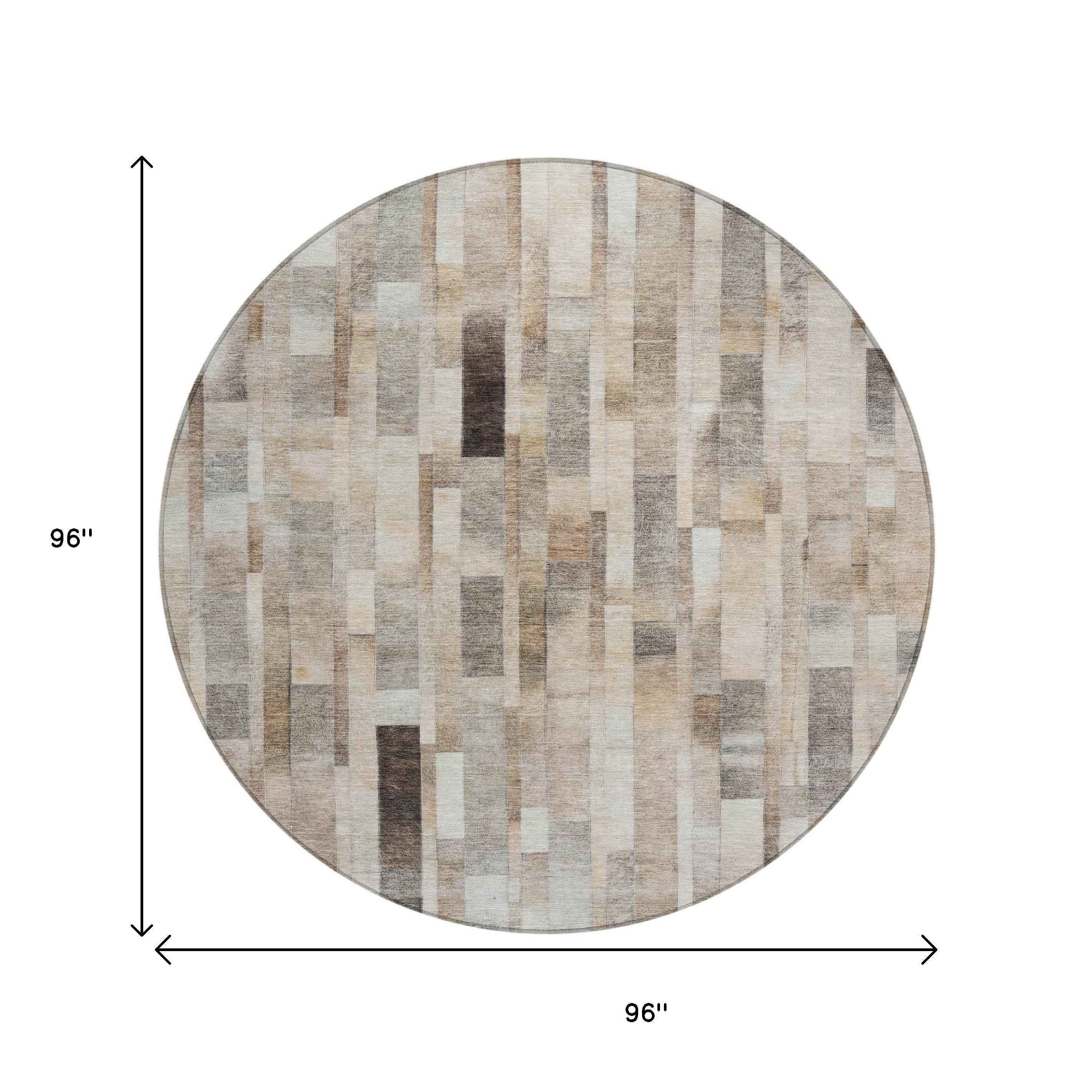 8' Taupe And Gray Round Striped Washable Indoor Outdoor Area Rug