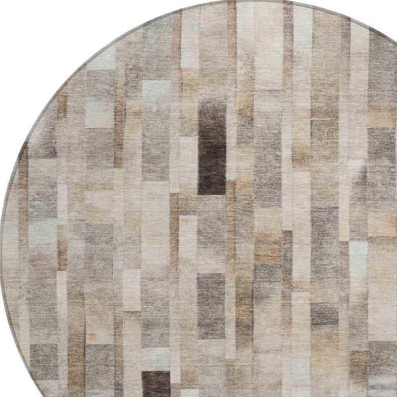 8' Taupe And Gray Round Striped Washable Indoor Outdoor Area Rug