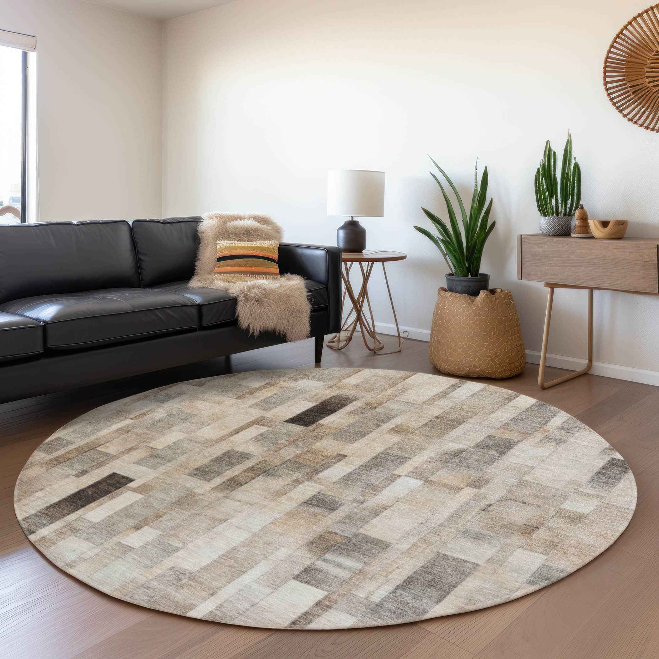 8' Taupe And Gray Round Striped Washable Indoor Outdoor Area Rug