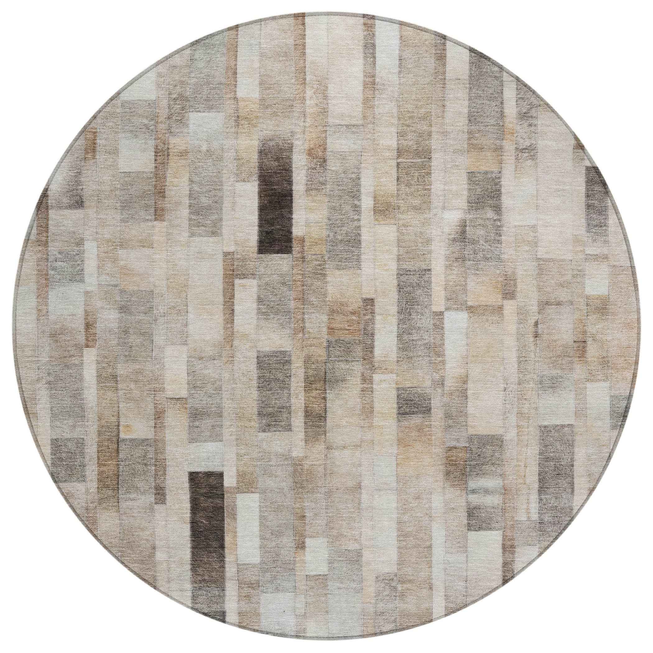 8' Taupe And Gray Round Striped Washable Indoor Outdoor Area Rug