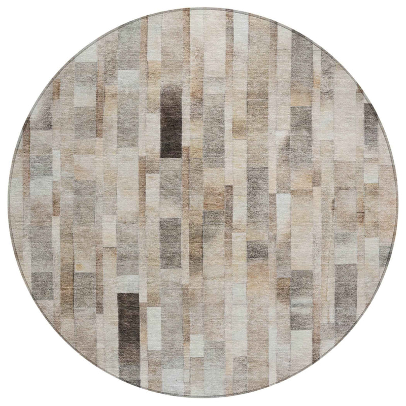 8' Taupe And Gray Round Striped Washable Indoor Outdoor Area Rug