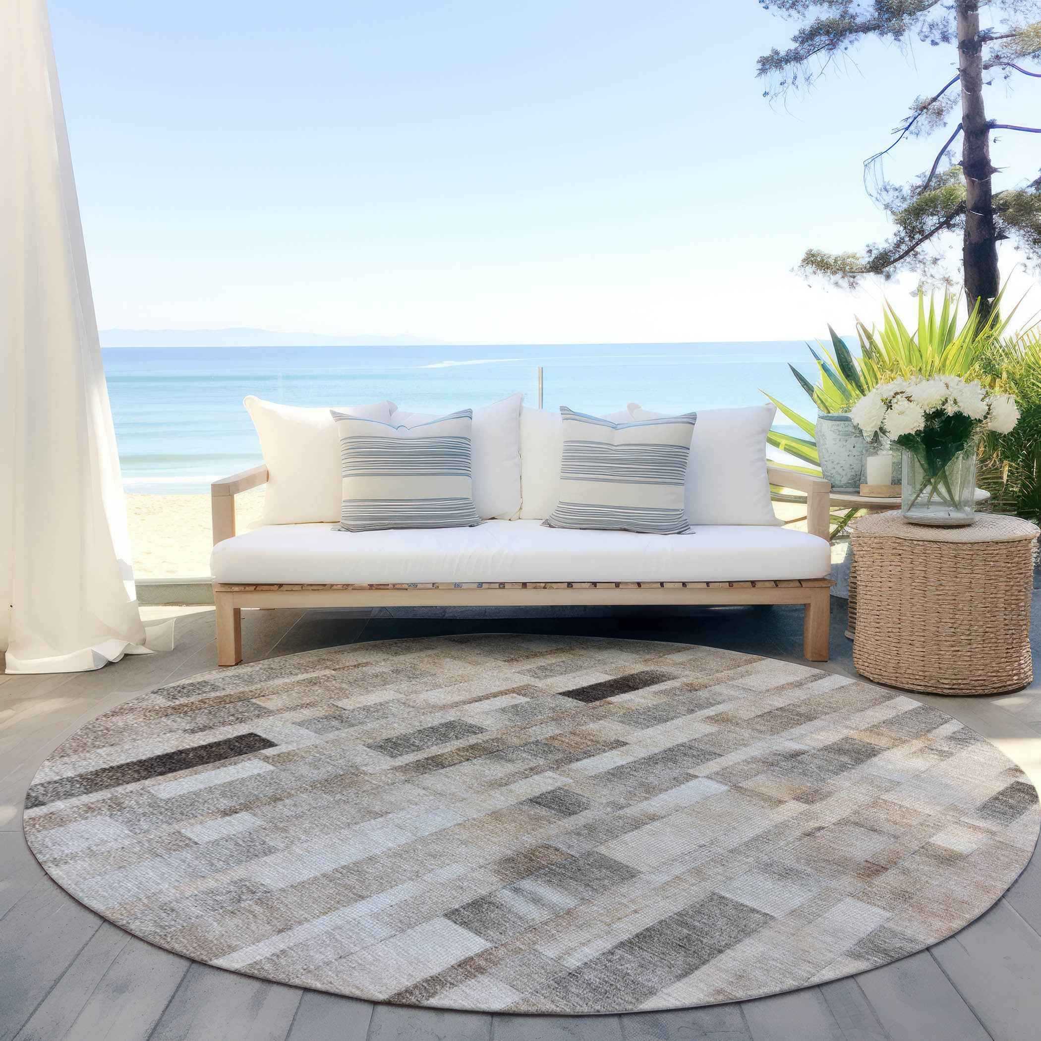 8' Taupe And Gray Round Striped Washable Indoor Outdoor Area Rug