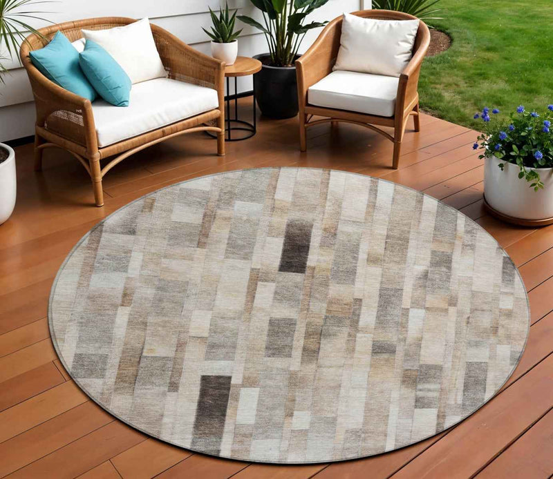 8' Taupe And Gray Round Striped Washable Indoor Outdoor Area Rug
