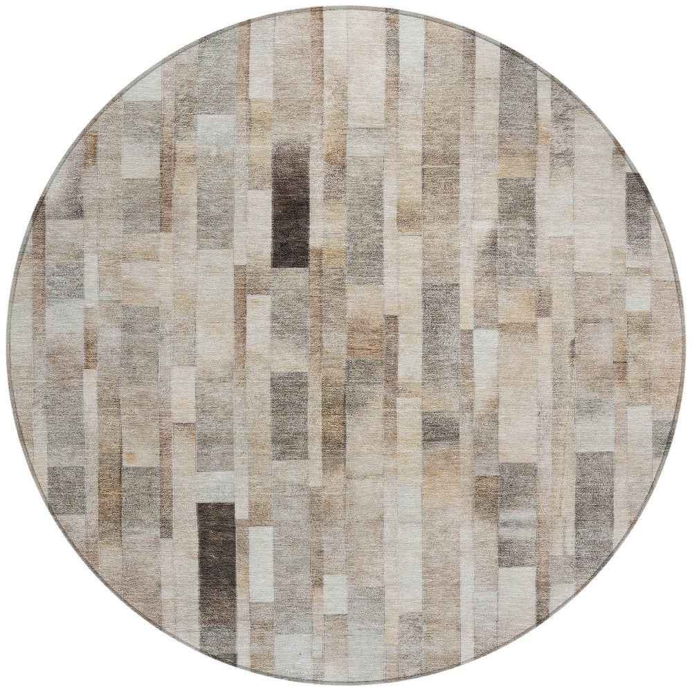 8' Taupe And Gray Round Striped Washable Indoor Outdoor Area Rug
