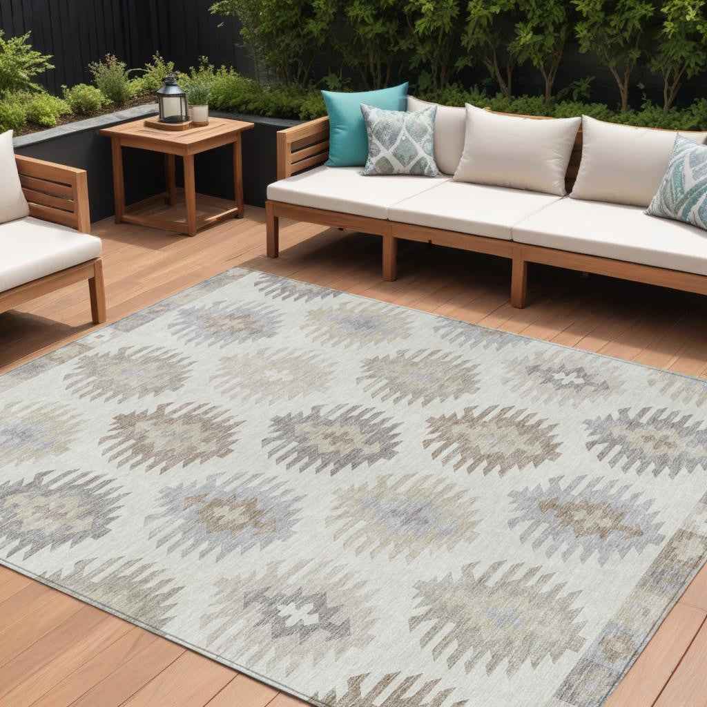 8' X 10' Ivory Khaki And Gray Southwestern Washable Indoor Outdoor Area Rug