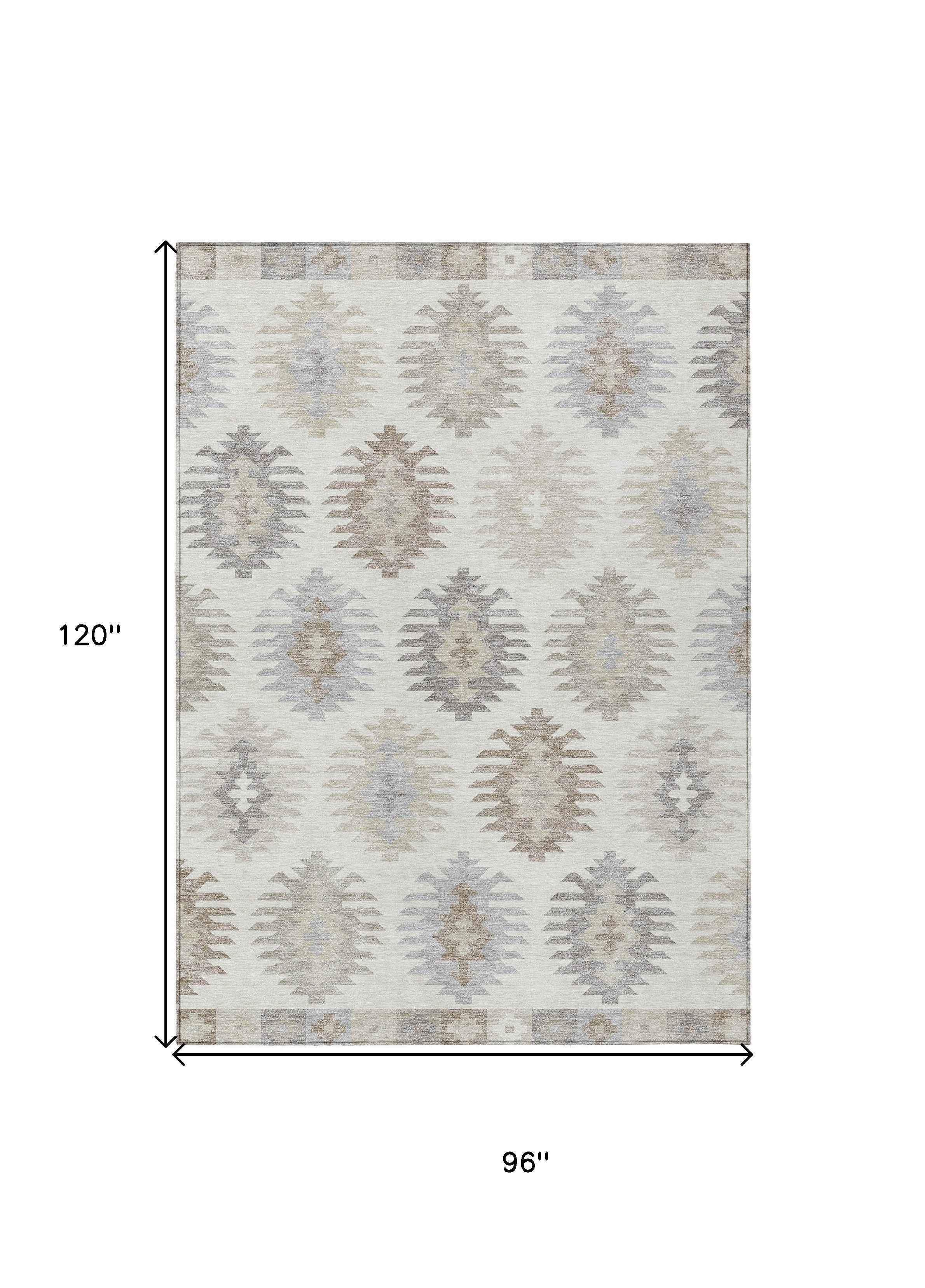 8' X 10' Ivory Khaki And Gray Southwestern Washable Indoor Outdoor Area Rug