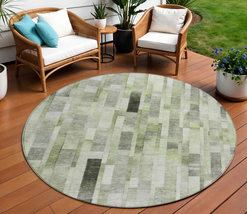 8' Green And Gray Round Striped Washable Indoor Outdoor Area Rug