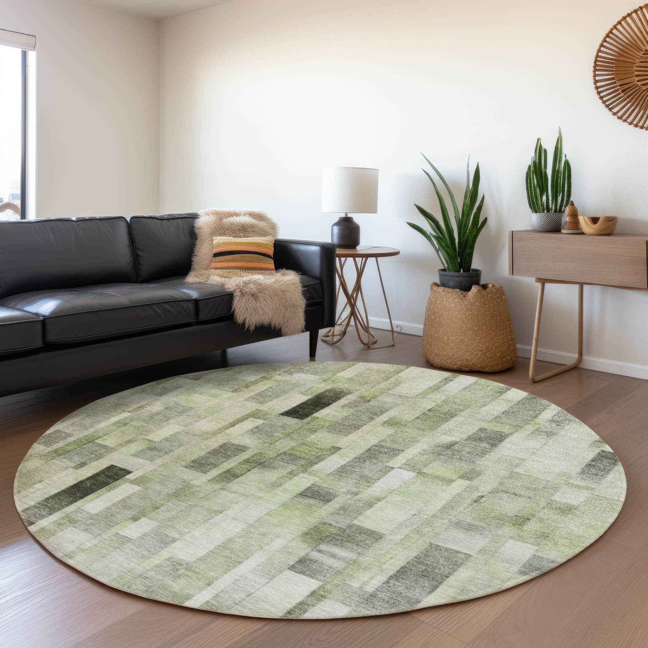 8' Green And Gray Round Striped Washable Indoor Outdoor Area Rug