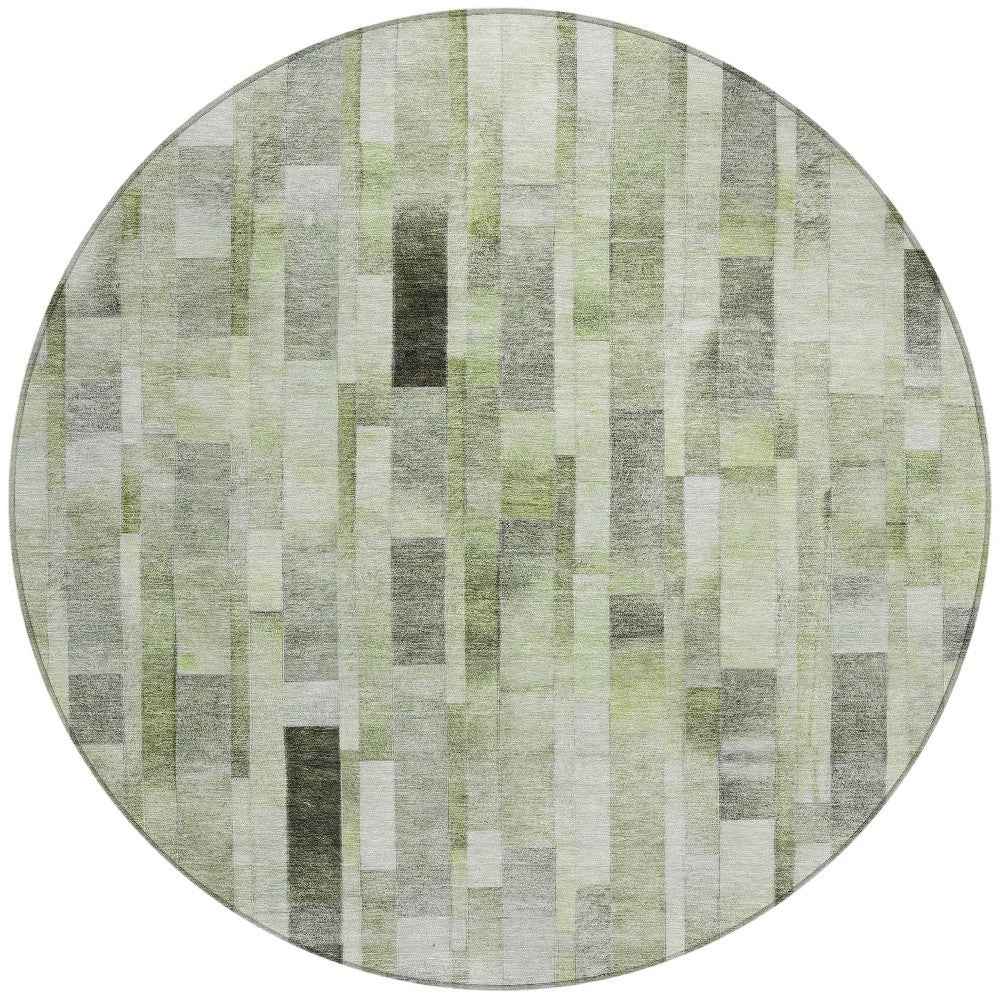 8' Green And Gray Round Striped Washable Indoor Outdoor Area Rug