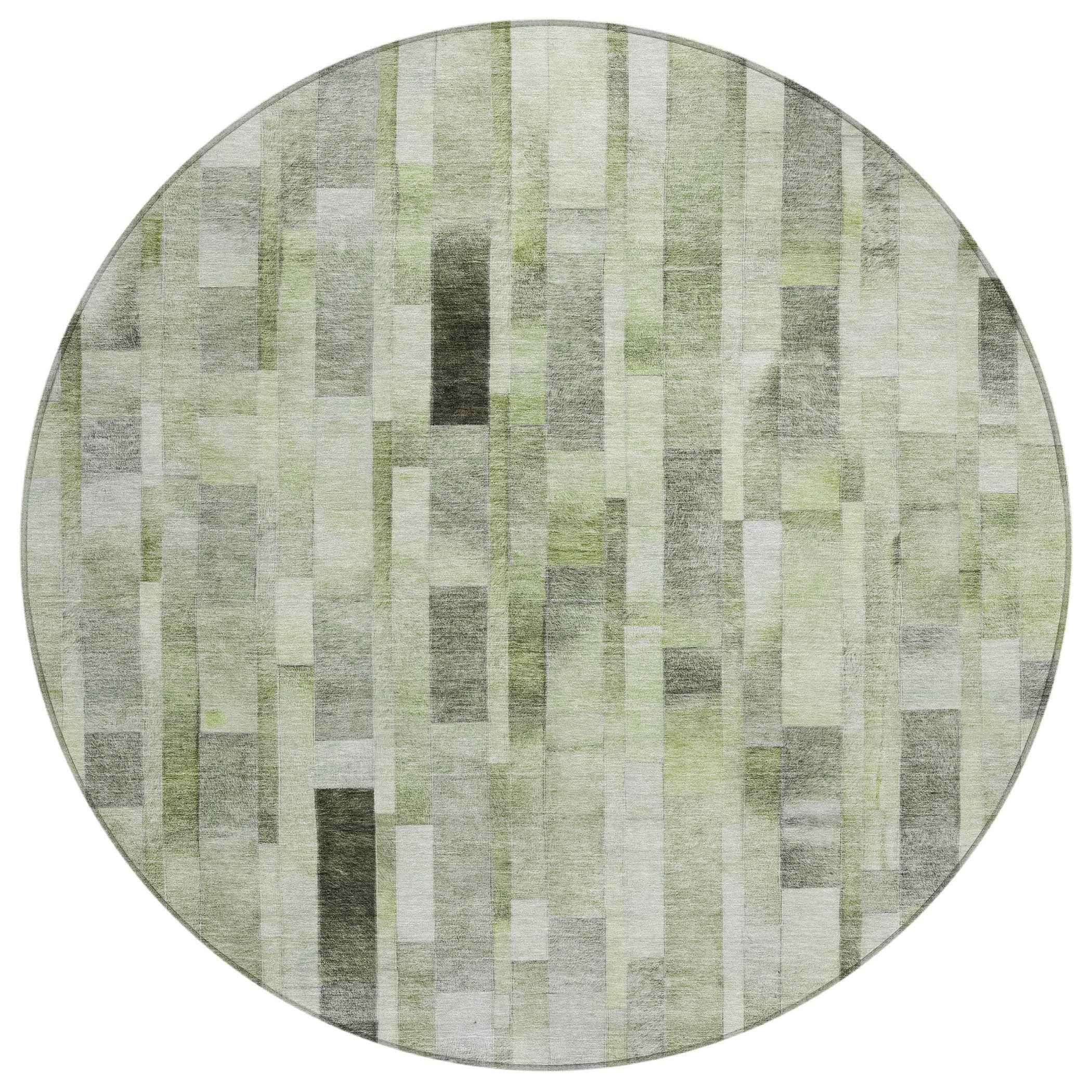 8' Green And Gray Round Striped Washable Indoor Outdoor Area Rug